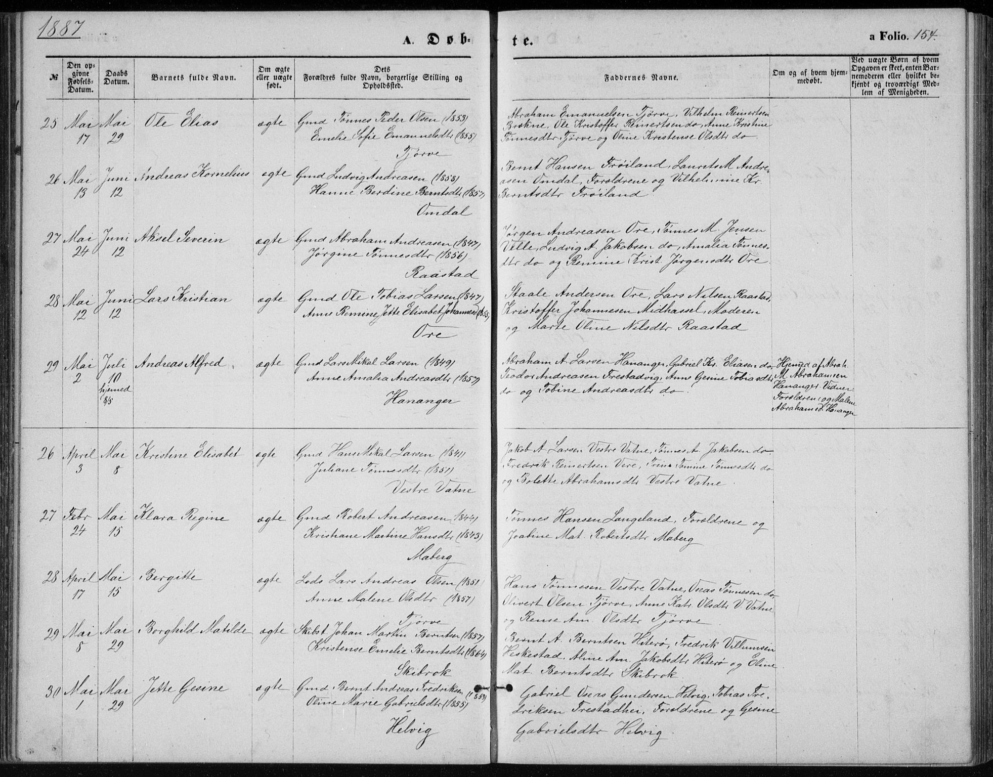 Lista sokneprestkontor, AV/SAK-1111-0027/F/Fb/L0004: Parish register (copy) no. B 4, 1877-1891, p. 154