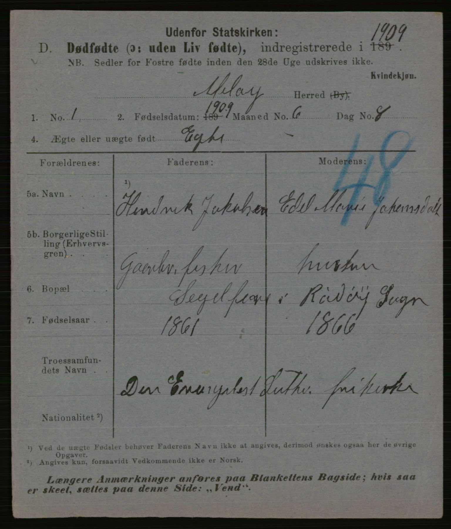 Statistisk sentralbyrå, Sosiodemografiske emner, Befolkning, AV/RA-S-2228/E/L0007: Fødte, gifte, døde dissentere., 1909, p. 3187