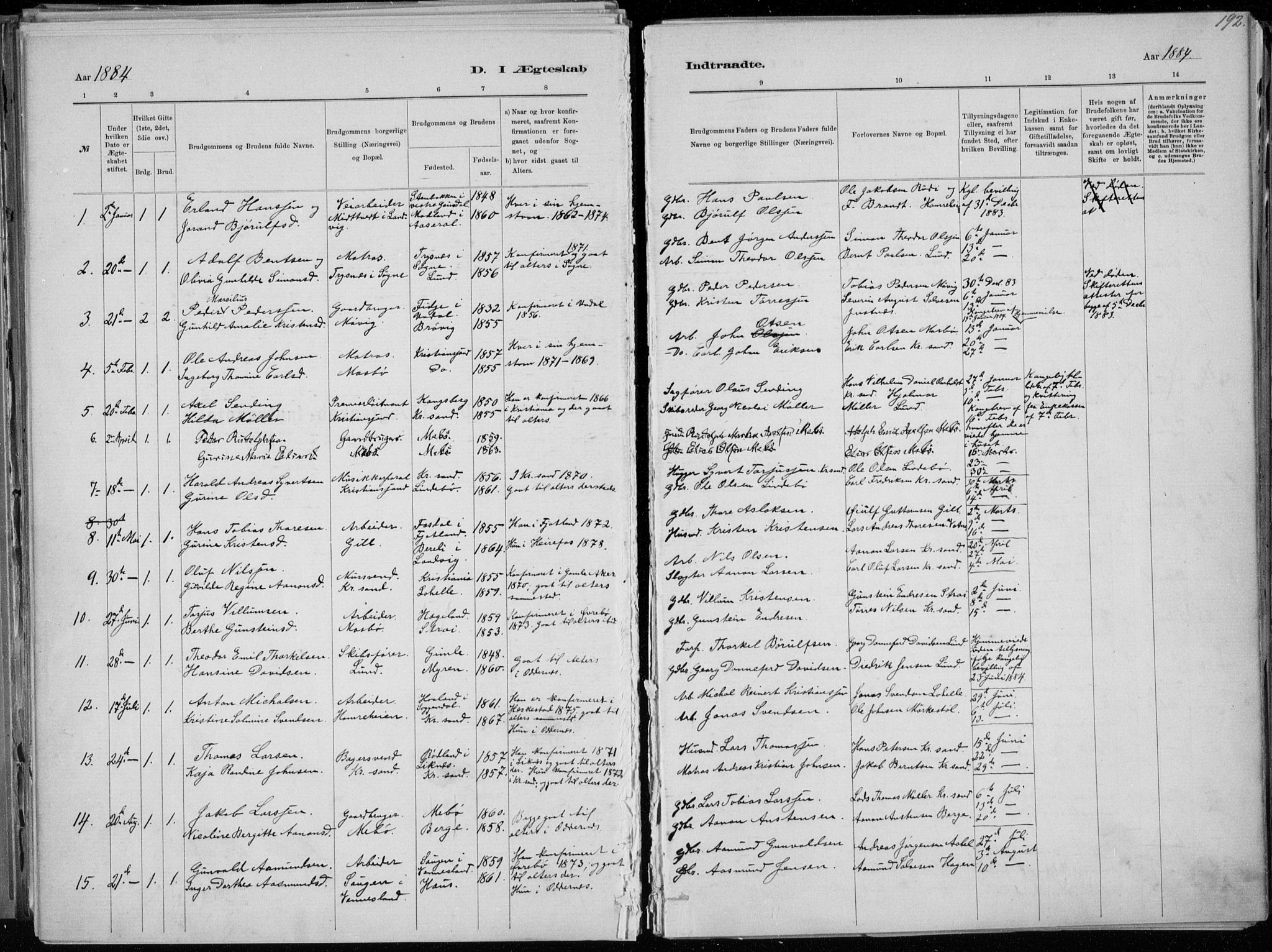 Oddernes sokneprestkontor, AV/SAK-1111-0033/F/Fa/Faa/L0009: Parish register (official) no. A 9, 1884-1896, p. 192