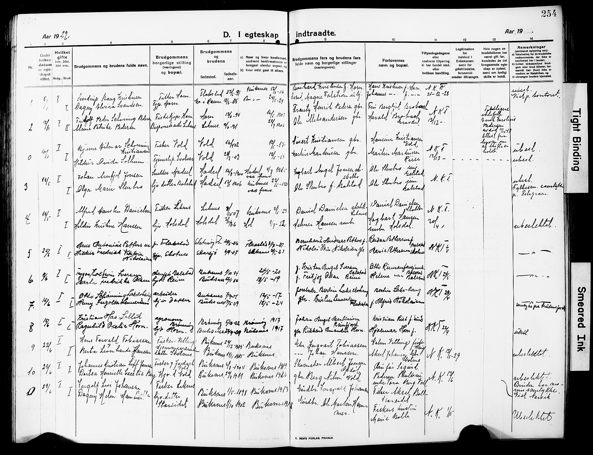 Ministerialprotokoller, klokkerbøker og fødselsregistre - Nordland, AV/SAT-A-1459/881/L1169: Parish register (copy) no. 881C06, 1912-1930, p. 254