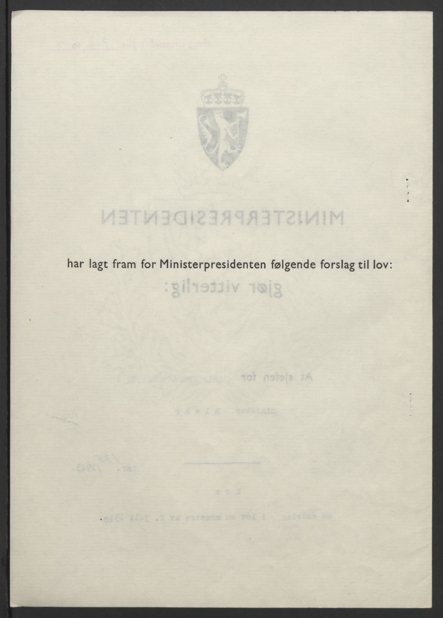 NS-administrasjonen 1940-1945 (Statsrådsekretariatet, de kommisariske statsråder mm), RA/S-4279/D/Db/L0099: Lover, 1943, p. 629