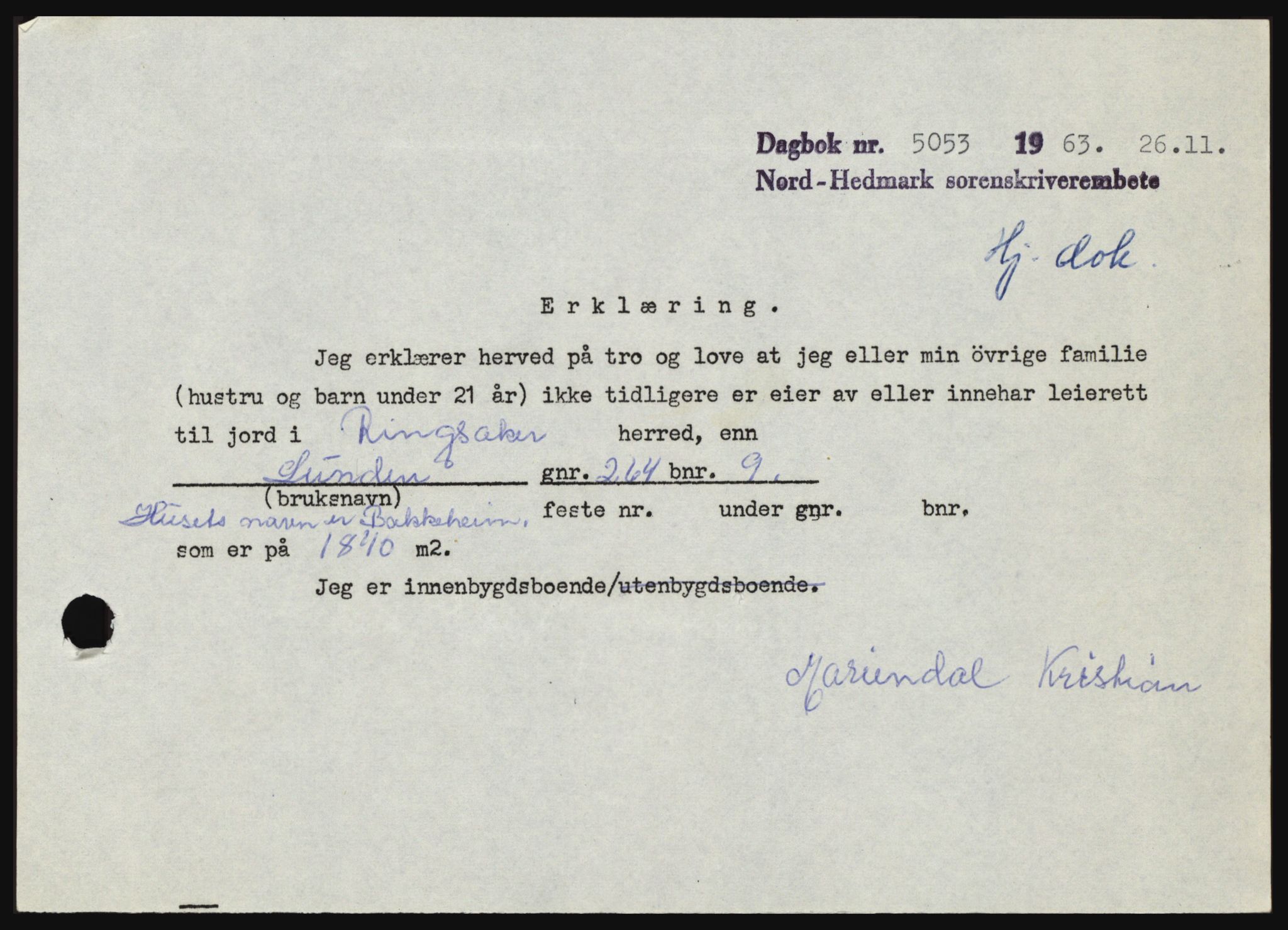 Nord-Hedmark sorenskriveri, SAH/TING-012/H/Hc/L0019: Mortgage book no. 19, 1963-1964, Diary no: : 5053/1963