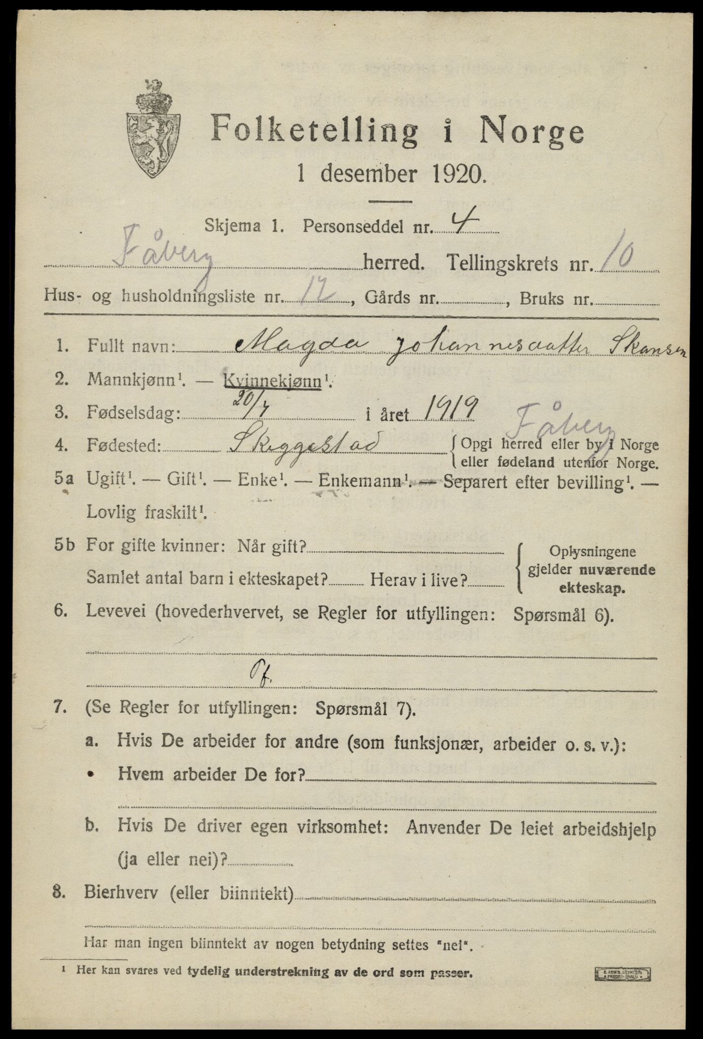 SAH, 1920 census for Fåberg, 1920, p. 11772