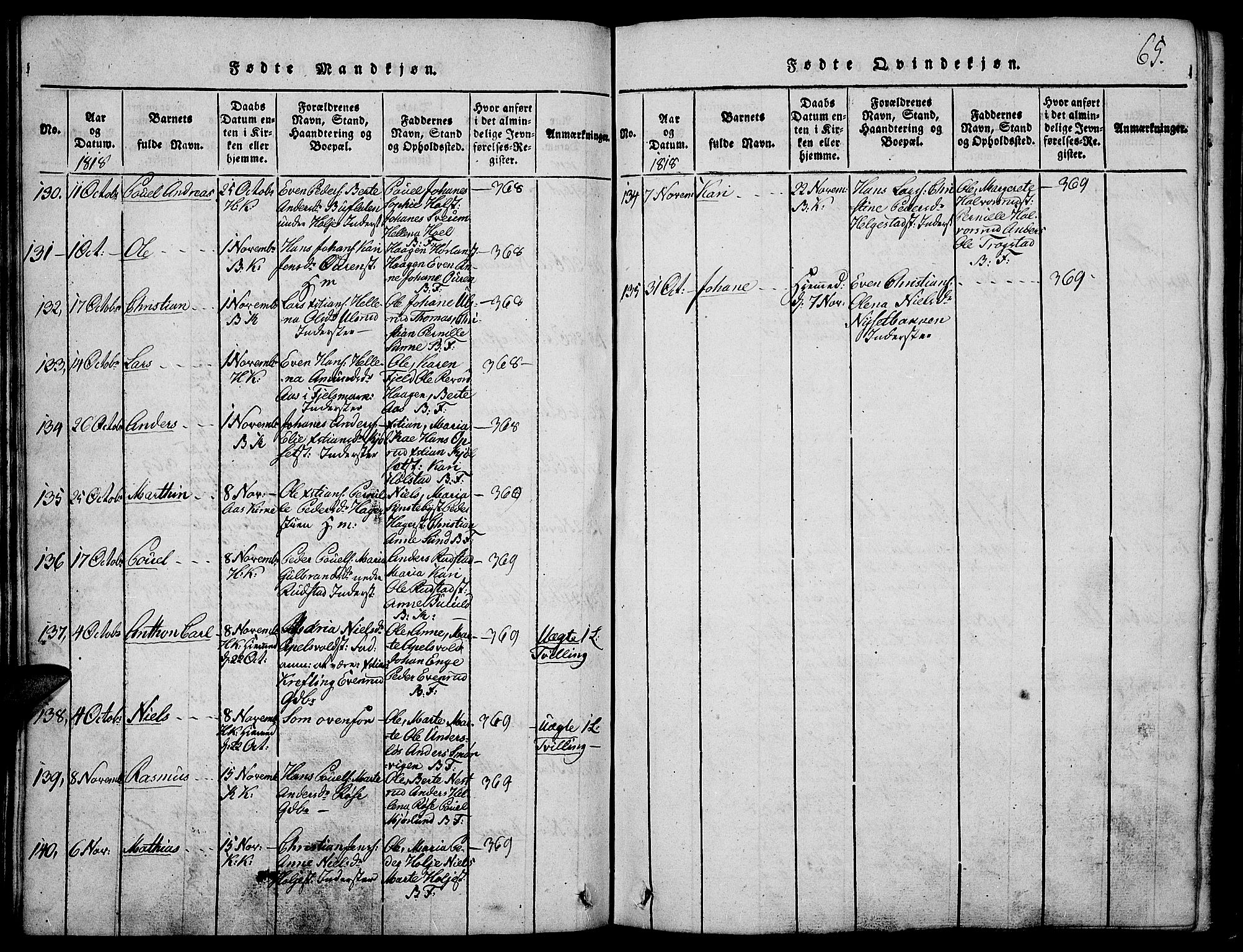 Toten prestekontor, SAH/PREST-102/H/Ha/Haa/L0009: Parish register (official) no. 9, 1814-1820, p. 65