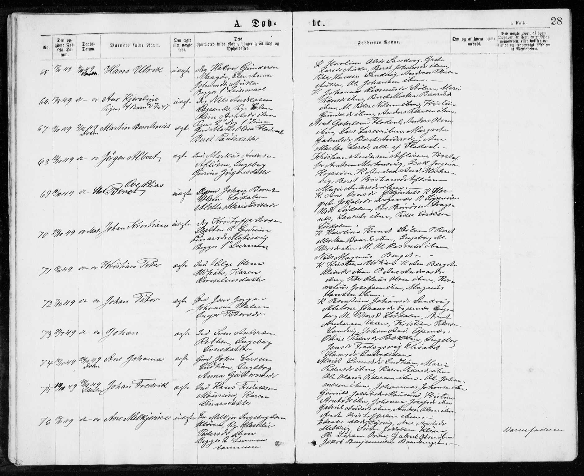 Ministerialprotokoller, klokkerbøker og fødselsregistre - Sør-Trøndelag, SAT/A-1456/640/L0576: Parish register (official) no. 640A01, 1846-1876, p. 28