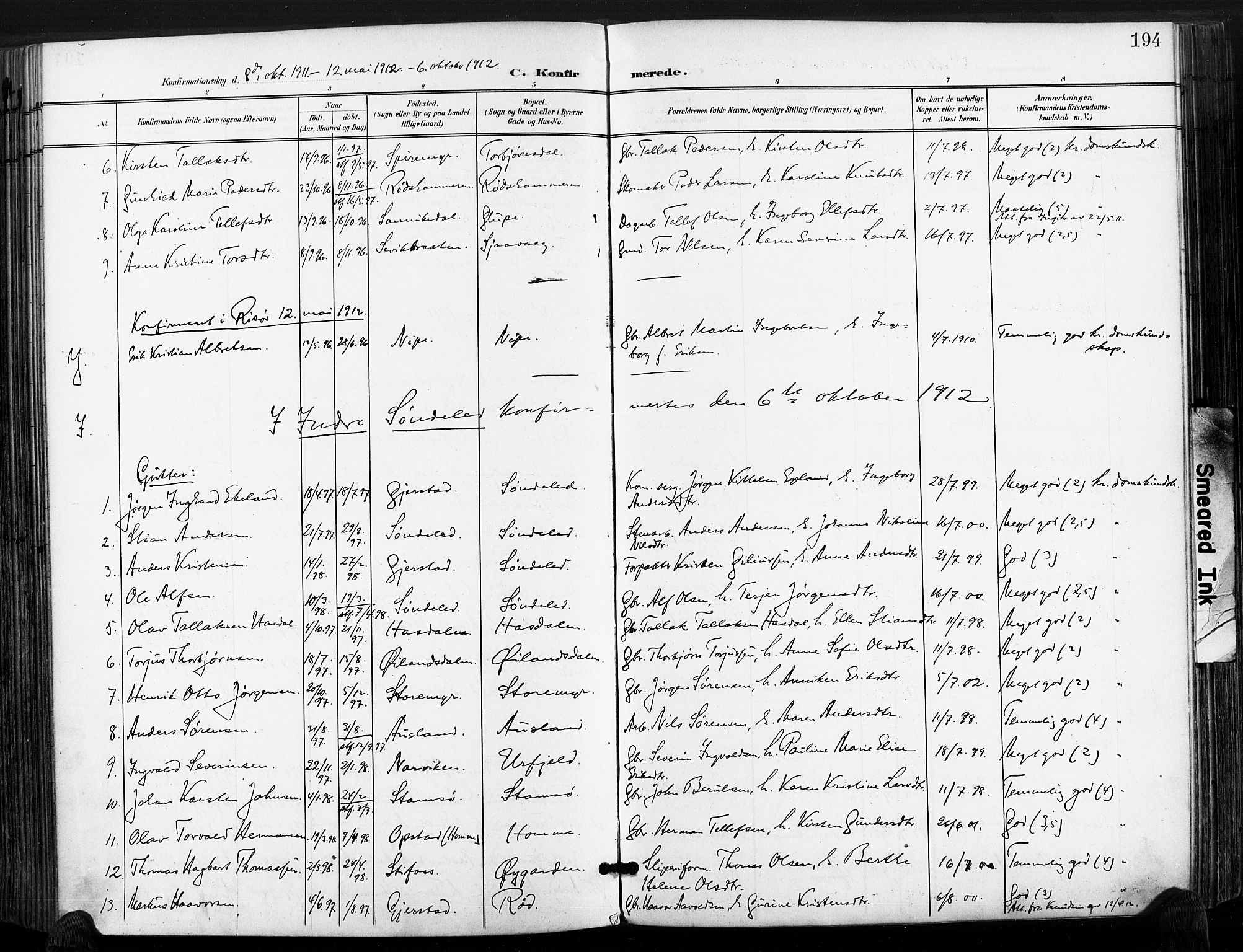 Søndeled sokneprestkontor, AV/SAK-1111-0038/F/Fa/L0006: Parish register (official) no. A 6, 1900-1922, p. 194