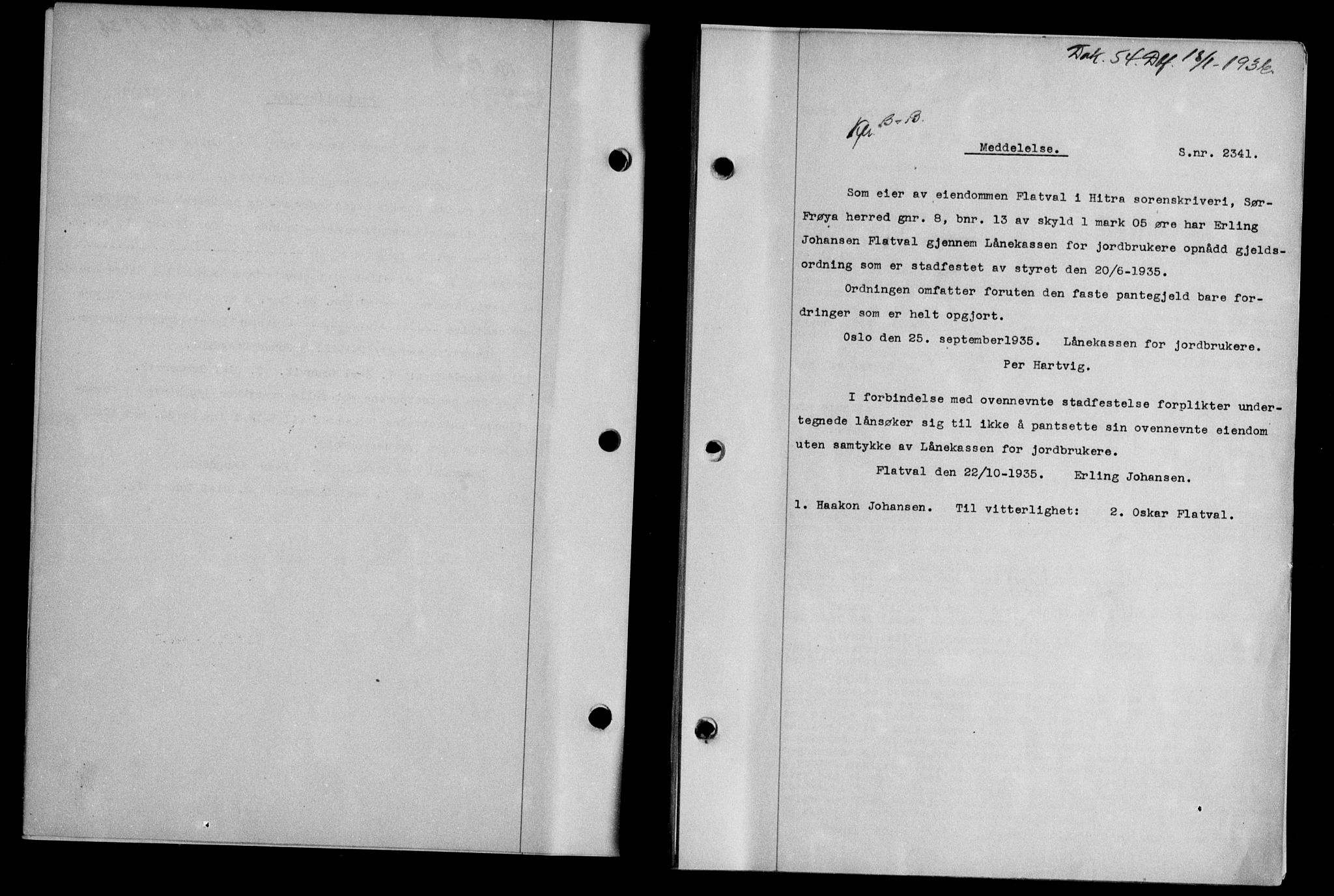 Hitra sorenskriveri, AV/SAT-A-0018/2/2C/2Ca/L0028: Mortgage book no. B-1, 1936-1939, Diary no: : 54/1936