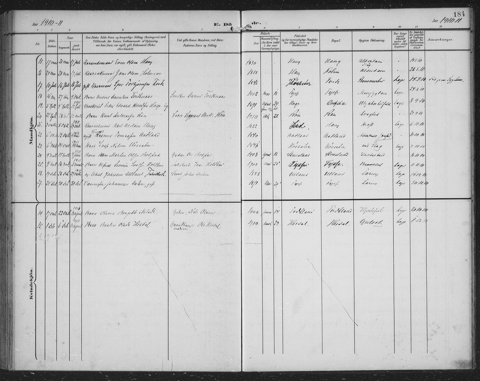 Samnanger Sokneprestembete, AV/SAB-A-77501/H/Haa: Parish register (official) no. A 2, 1902-1918, p. 184