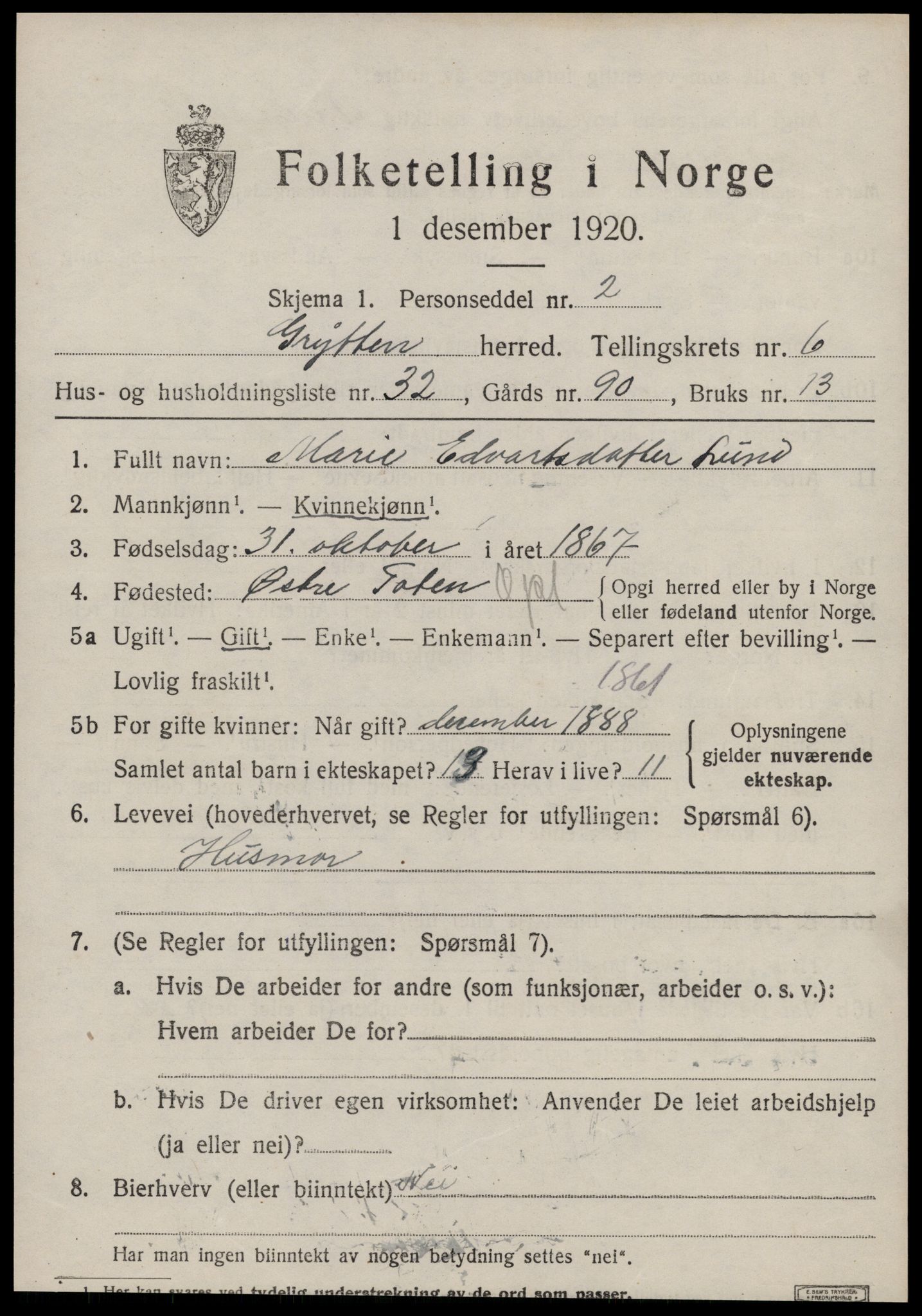 SAT, 1920 census for Grytten, 1920, p. 4516