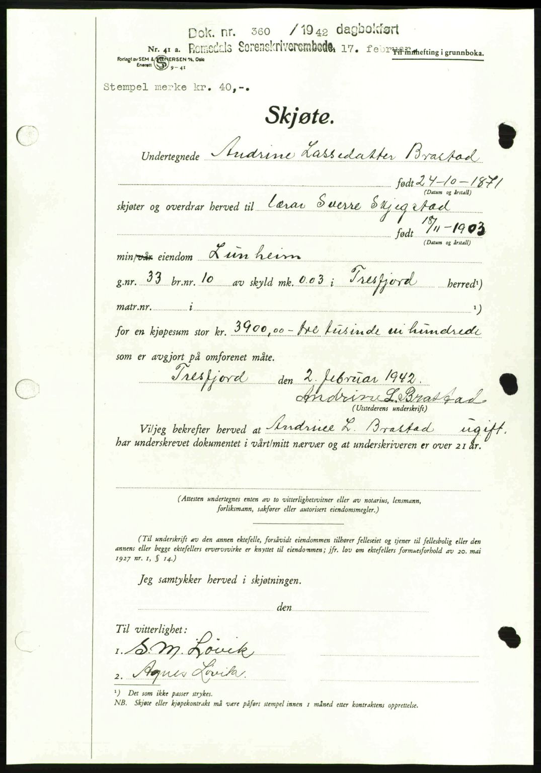 Romsdal sorenskriveri, AV/SAT-A-4149/1/2/2C: Mortgage book no. A12, 1942-1942, Diary no: : 360/1942