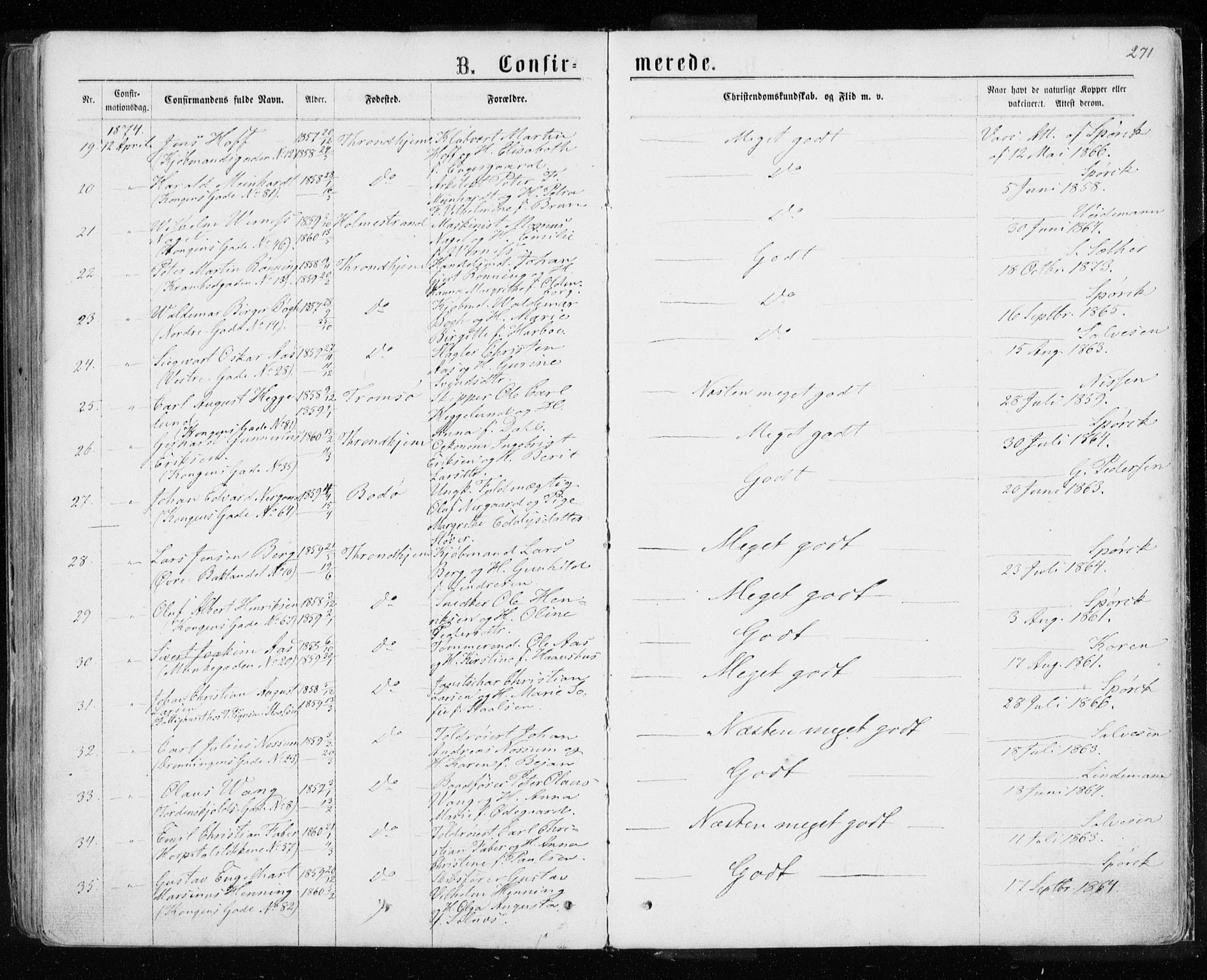 Ministerialprotokoller, klokkerbøker og fødselsregistre - Sør-Trøndelag, SAT/A-1456/601/L0054: Parish register (official) no. 601A22, 1866-1877, p. 271