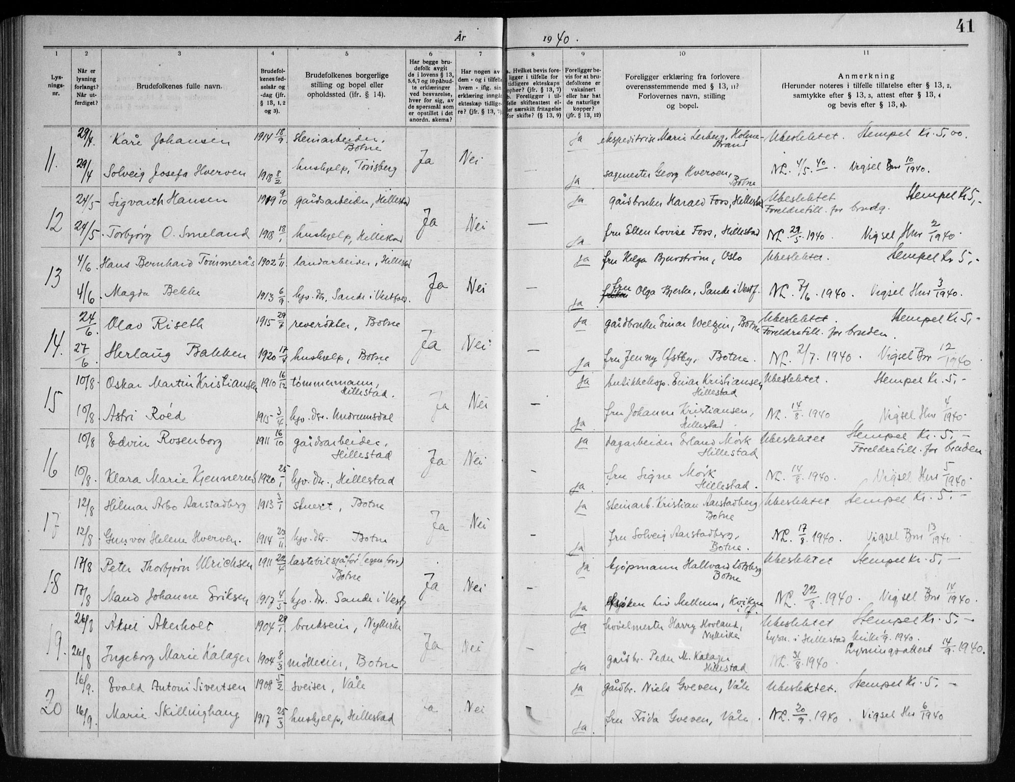Botne kirkebøker, AV/SAKO-A-340/H/Ha/L0001: Banns register no. 1, 1919-1965, p. 41
