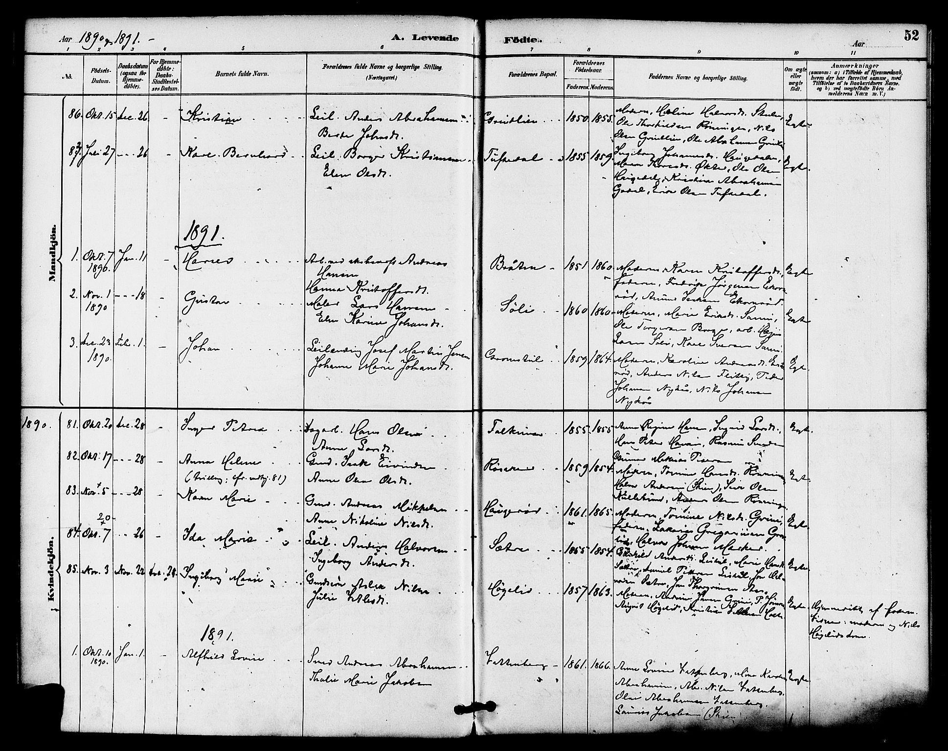 Gjerpen kirkebøker, SAKO/A-265/F/Fa/L0010: Parish register (official) no. I 10, 1886-1895, p. 52
