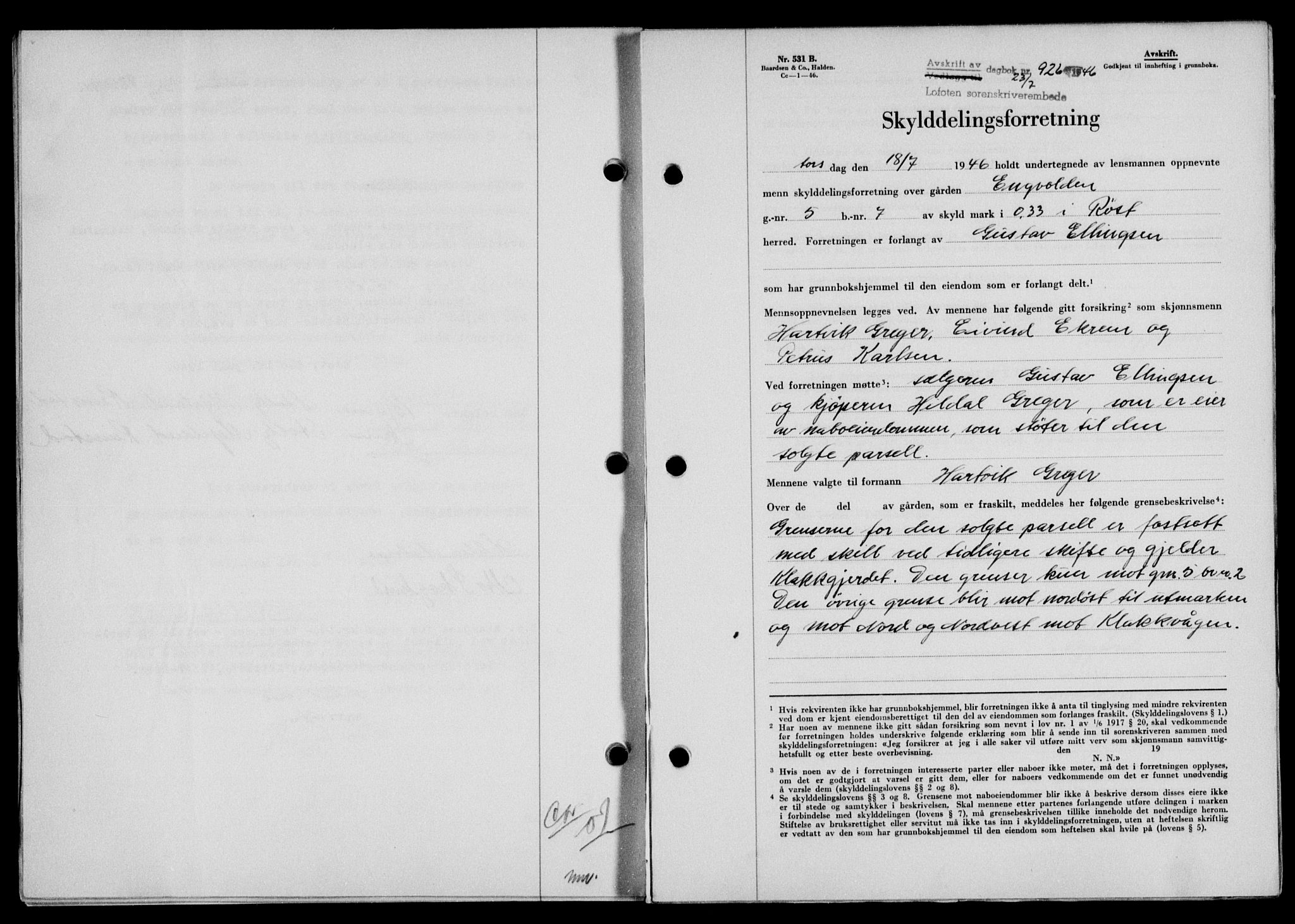 Lofoten sorenskriveri, SAT/A-0017/1/2/2C/L0014a: Mortgage book no. 14a, 1946-1946, Diary no: : 926/1946