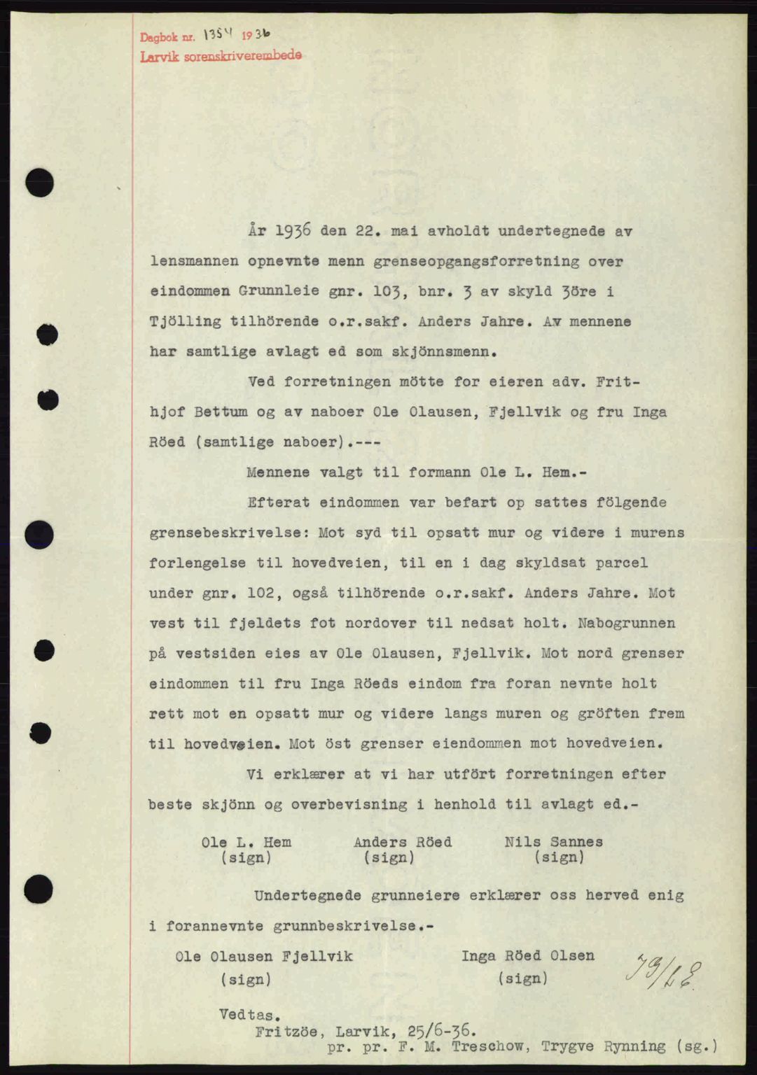Larvik sorenskriveri, SAKO/A-83/G/Ga/Gab/L0067: Mortgage book no. A-1, 1936-1937, Diary no: : 1354/1936