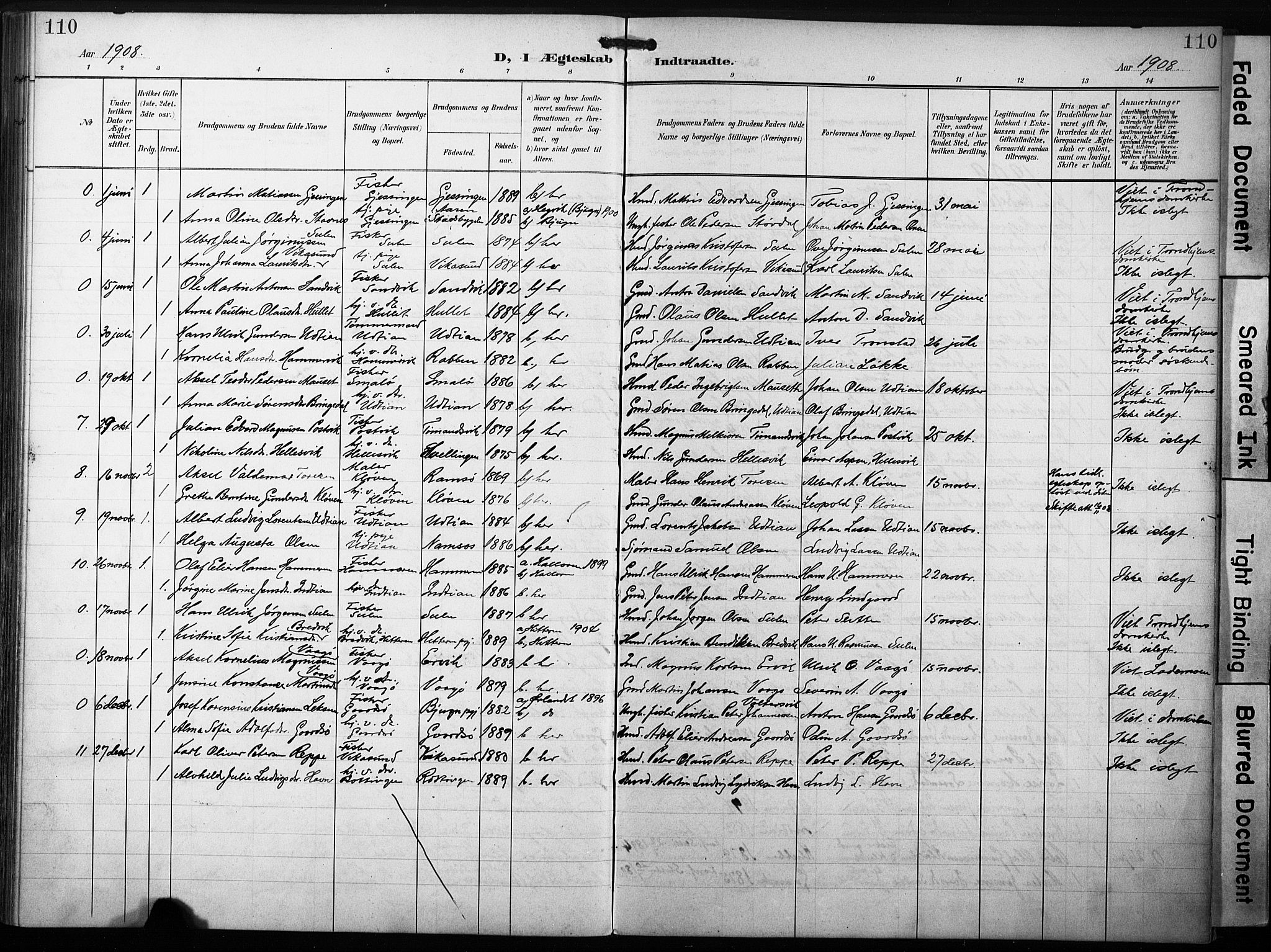 Ministerialprotokoller, klokkerbøker og fødselsregistre - Sør-Trøndelag, AV/SAT-A-1456/640/L0580: Parish register (official) no. 640A05, 1902-1910, p. 110
