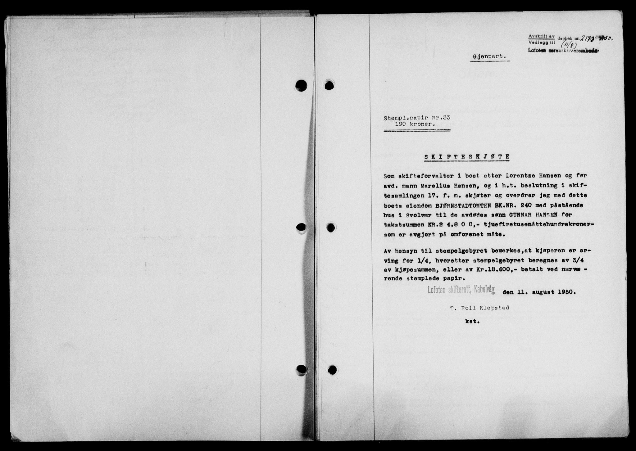 Lofoten sorenskriveri, SAT/A-0017/1/2/2C/L0024a: Mortgage book no. 24a, 1950-1950, Diary no: : 2173/1950