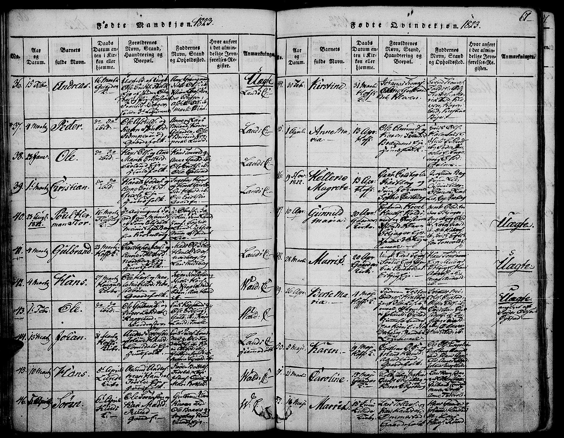 Land prestekontor, SAH/PREST-120/H/Ha/Haa/L0007: Parish register (official) no. 7, 1814-1830, p. 67