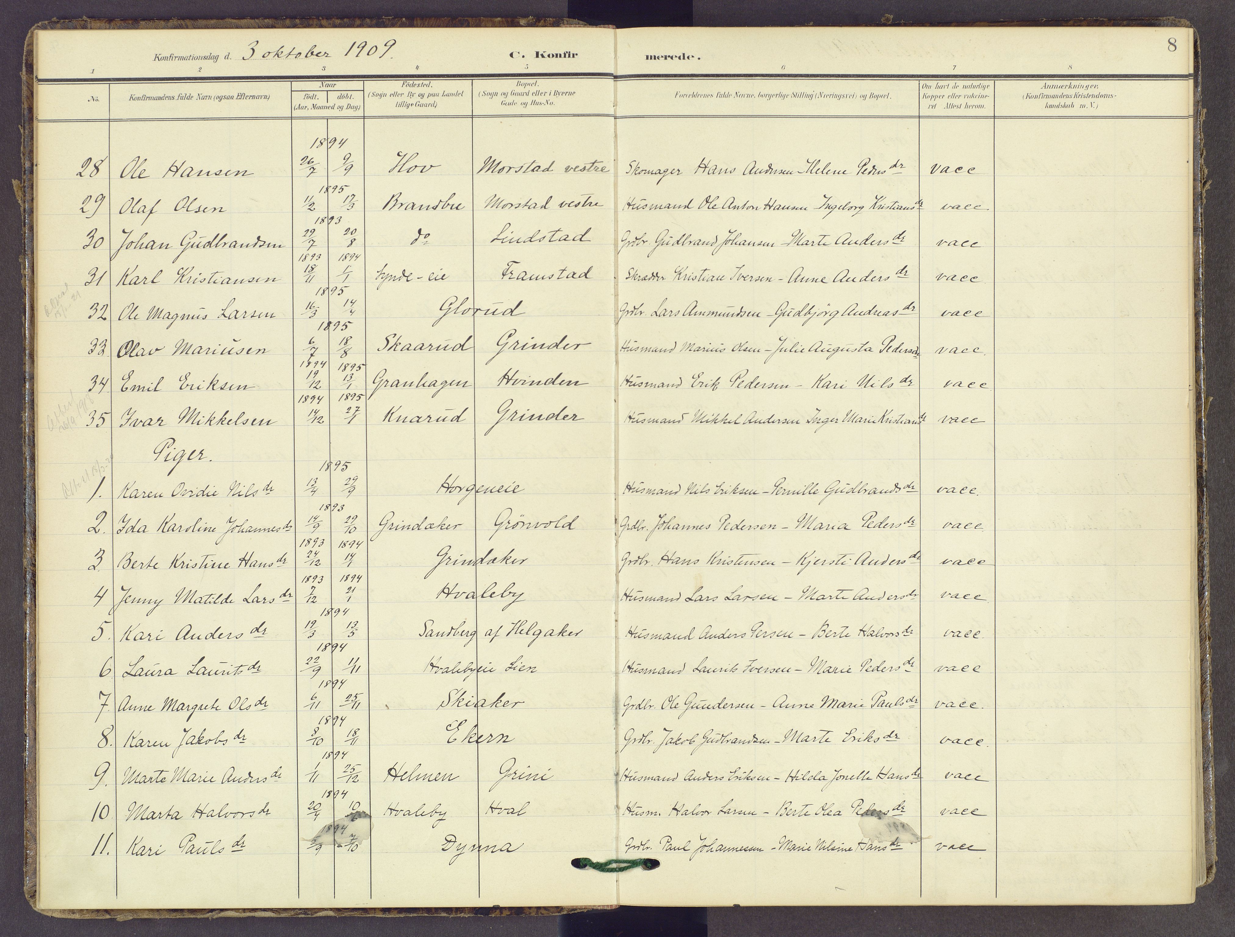 Gran prestekontor, AV/SAH-PREST-112/H/Ha/Haa/L0022: Parish register (official) no. 22, 1908-1918, p. 8