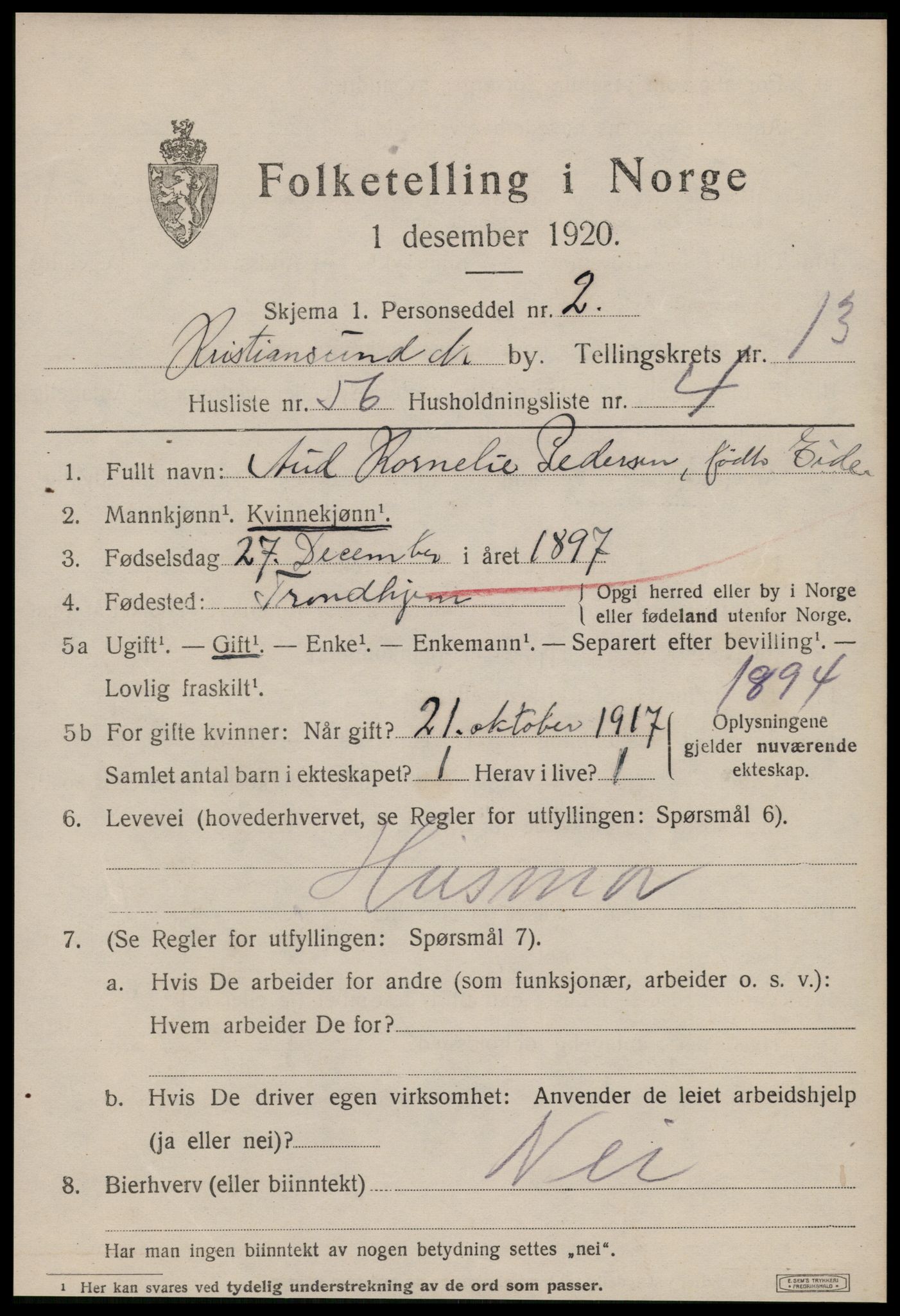 SAT, 1920 census for Kristiansund, 1920, p. 28137