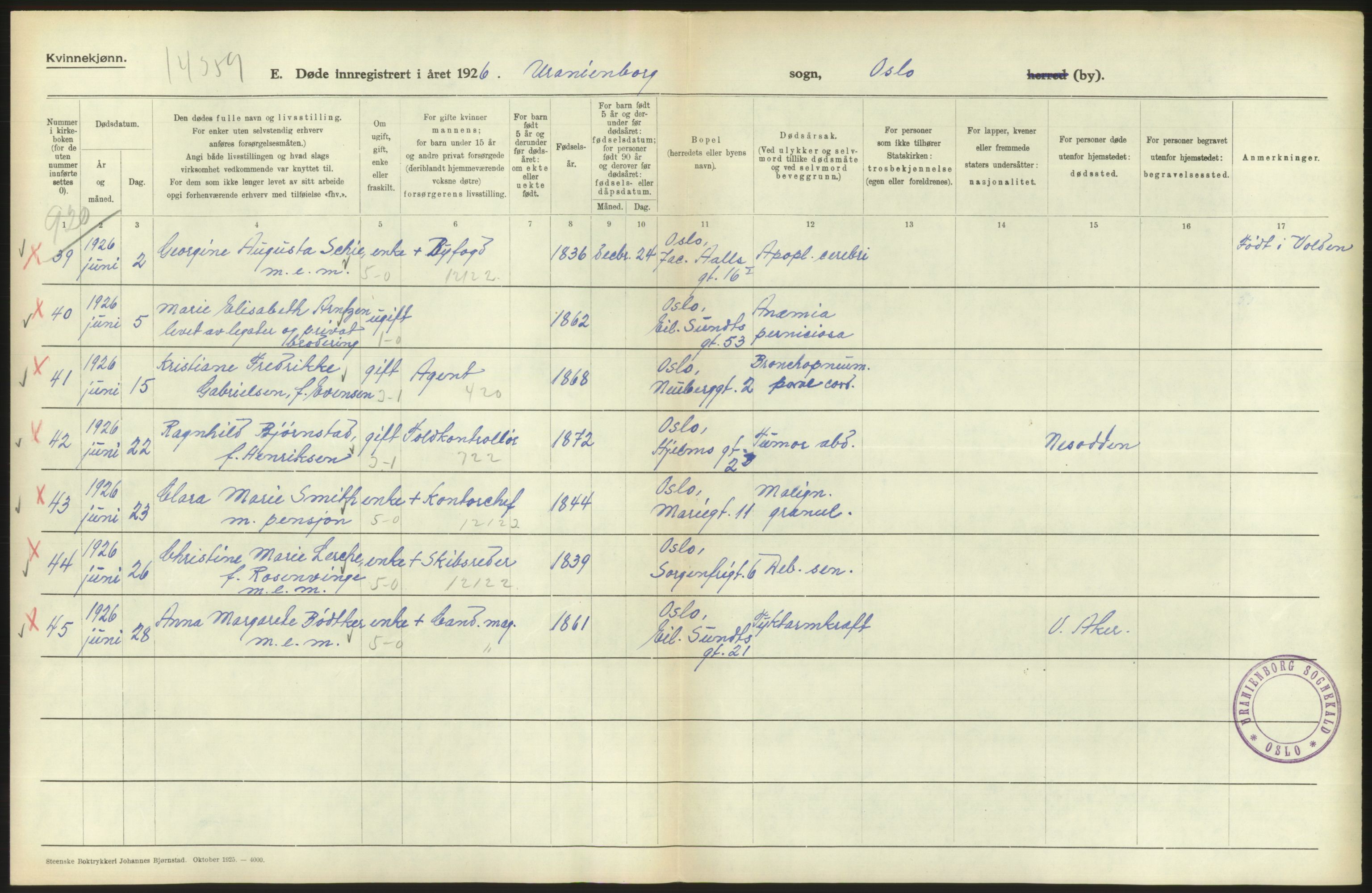 Statistisk sentralbyrå, Sosiodemografiske emner, Befolkning, AV/RA-S-2228/D/Df/Dfc/Dfcf/L0010: Oslo: Døde kvinner, dødfødte, 1926, p. 146