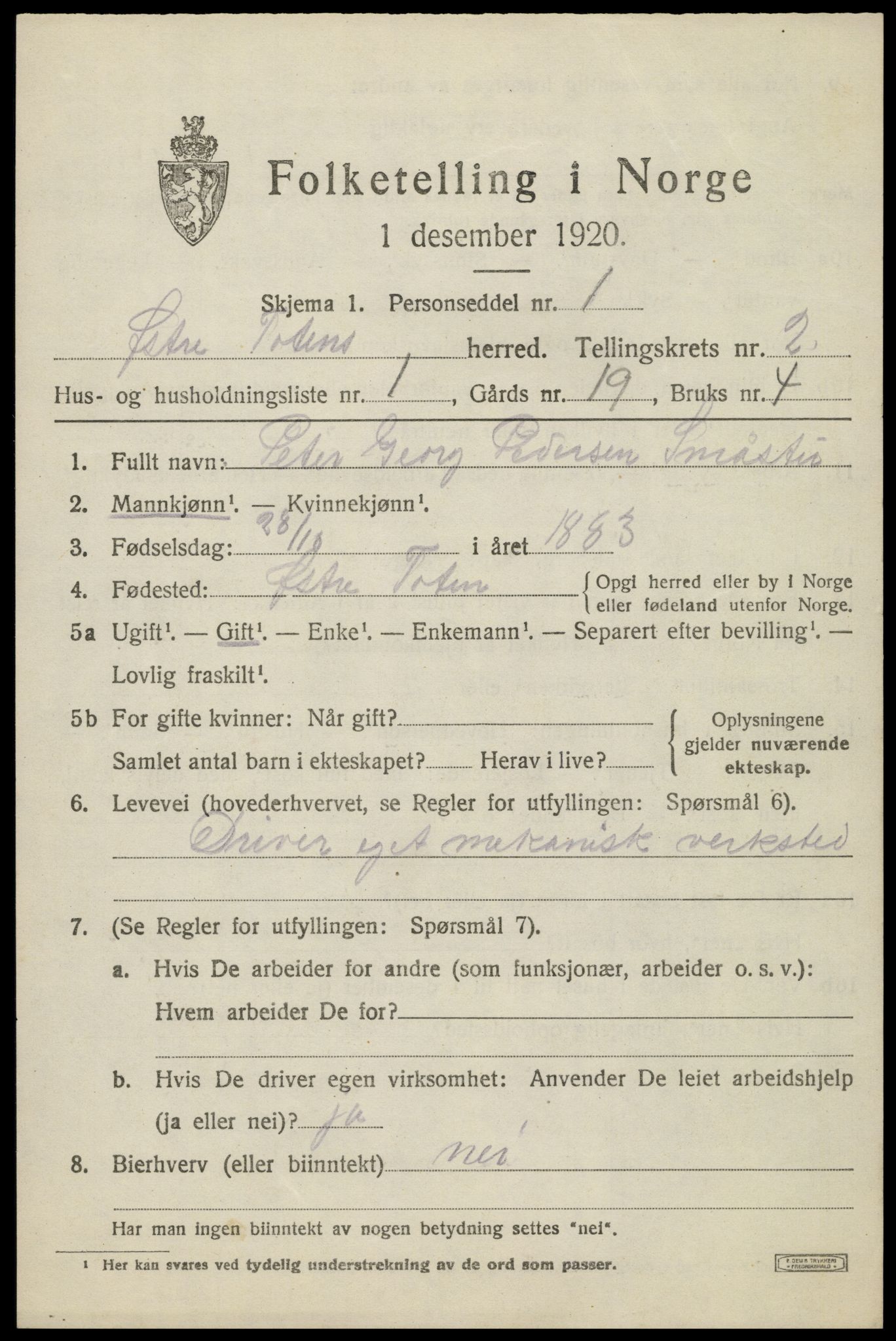 SAH, 1920 census for Østre Toten, 1920, p. 4346