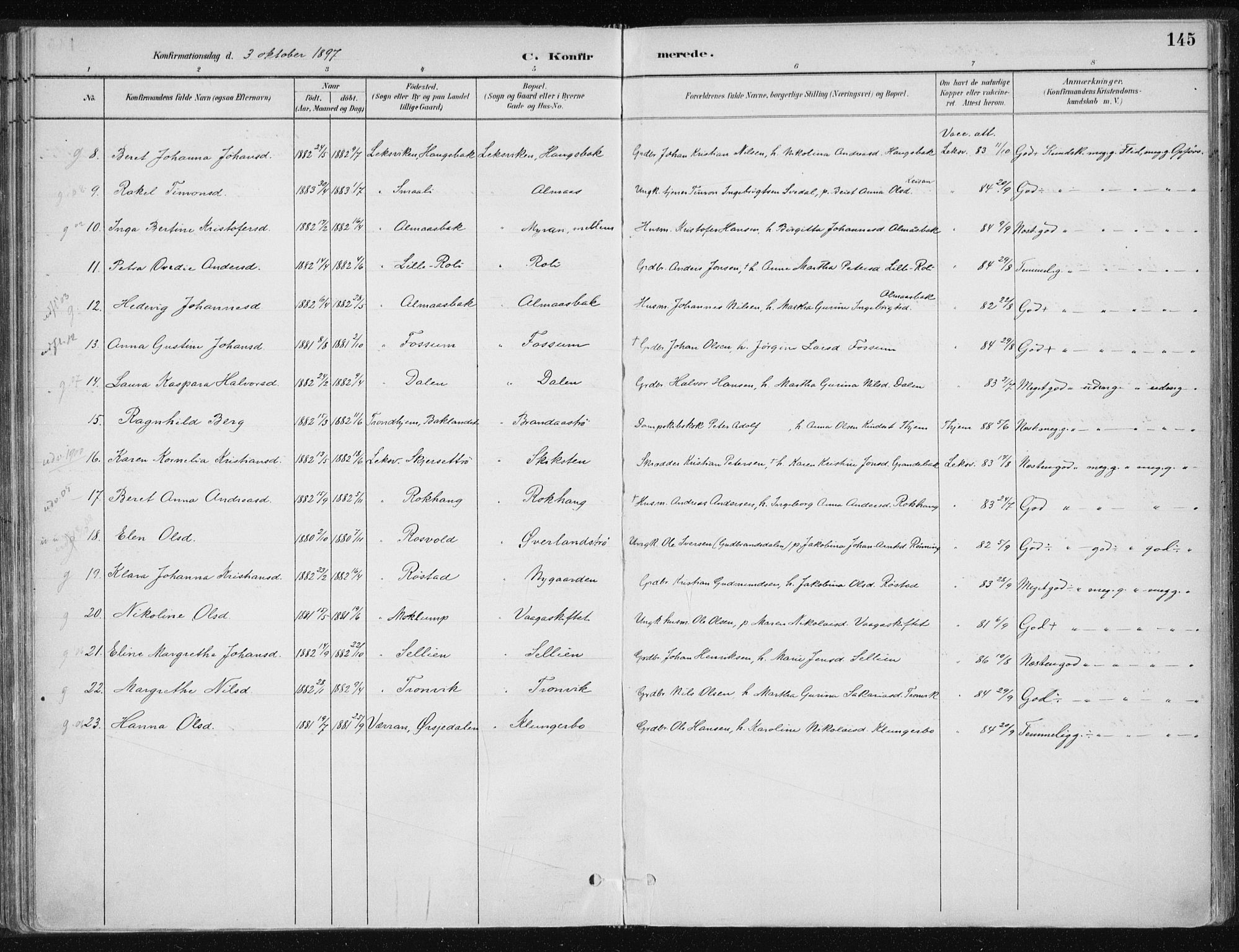 Ministerialprotokoller, klokkerbøker og fødselsregistre - Nord-Trøndelag, AV/SAT-A-1458/701/L0010: Parish register (official) no. 701A10, 1883-1899, p. 145