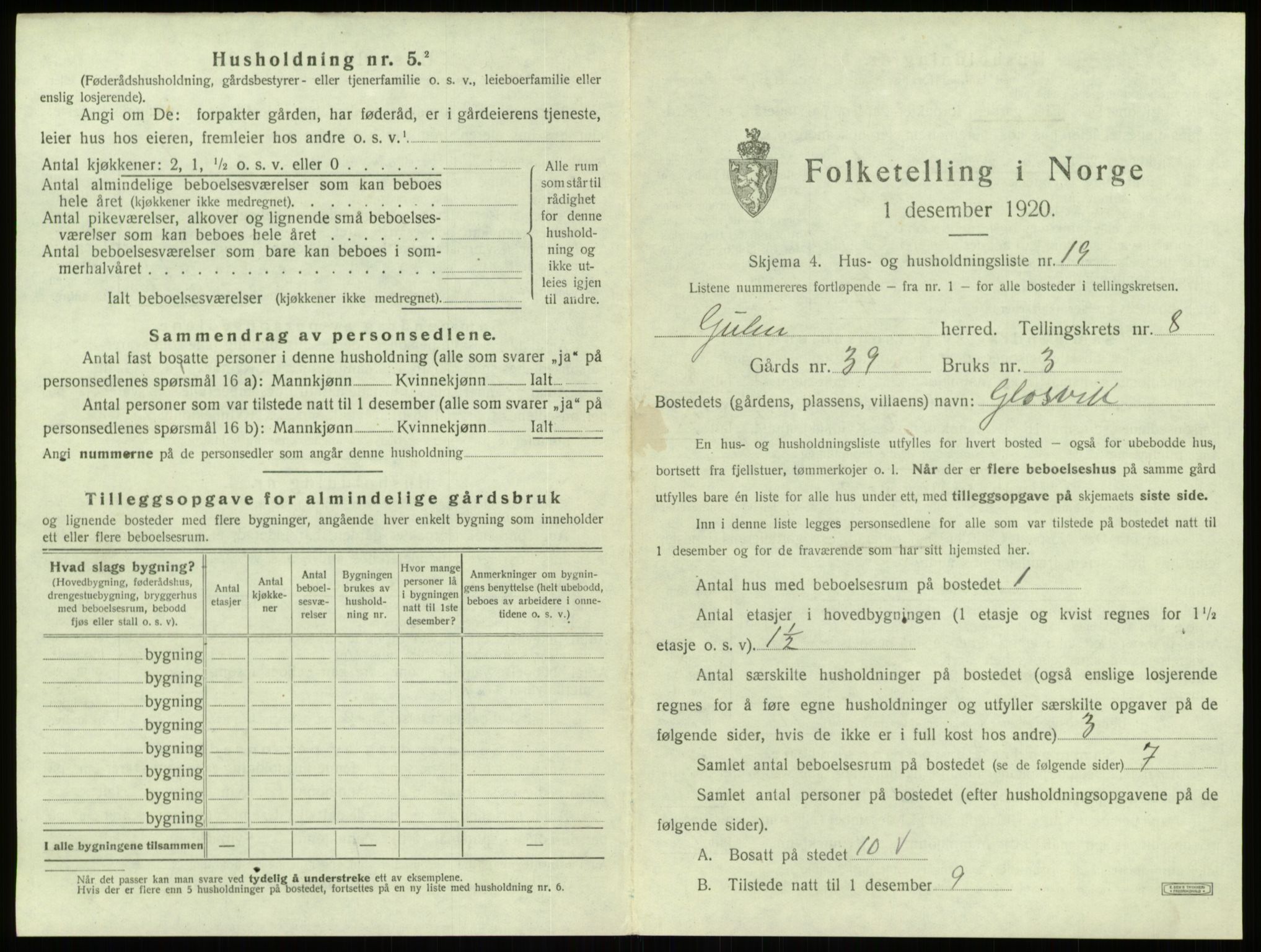 SAB, 1920 census for Gulen, 1920, p. 505