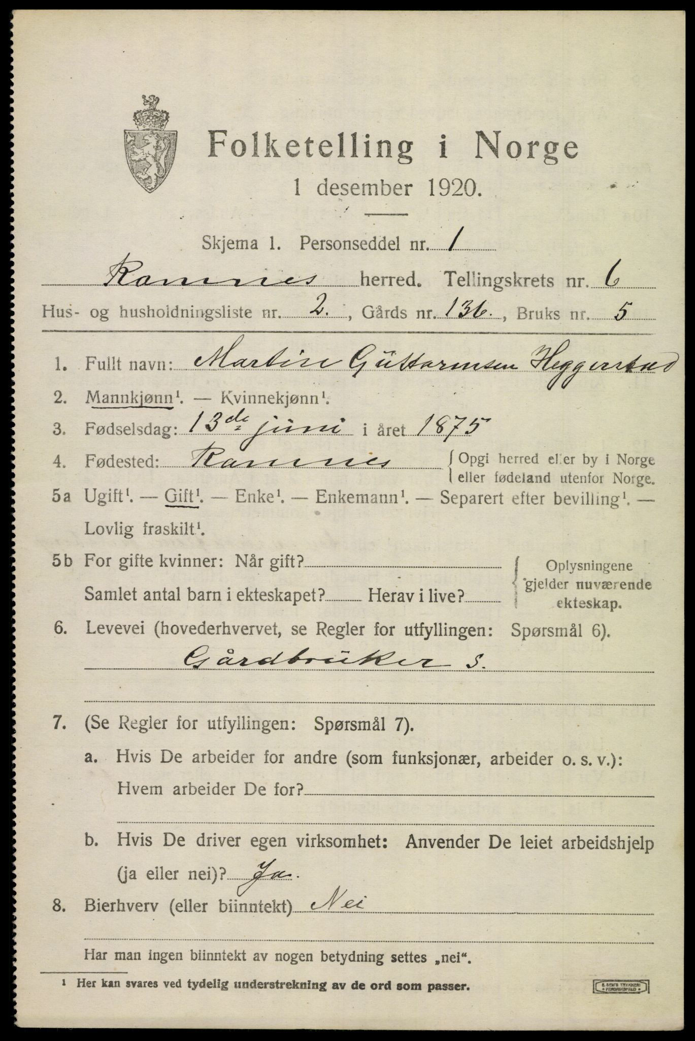 SAKO, 1920 census for Ramnes, 1920, p. 6196