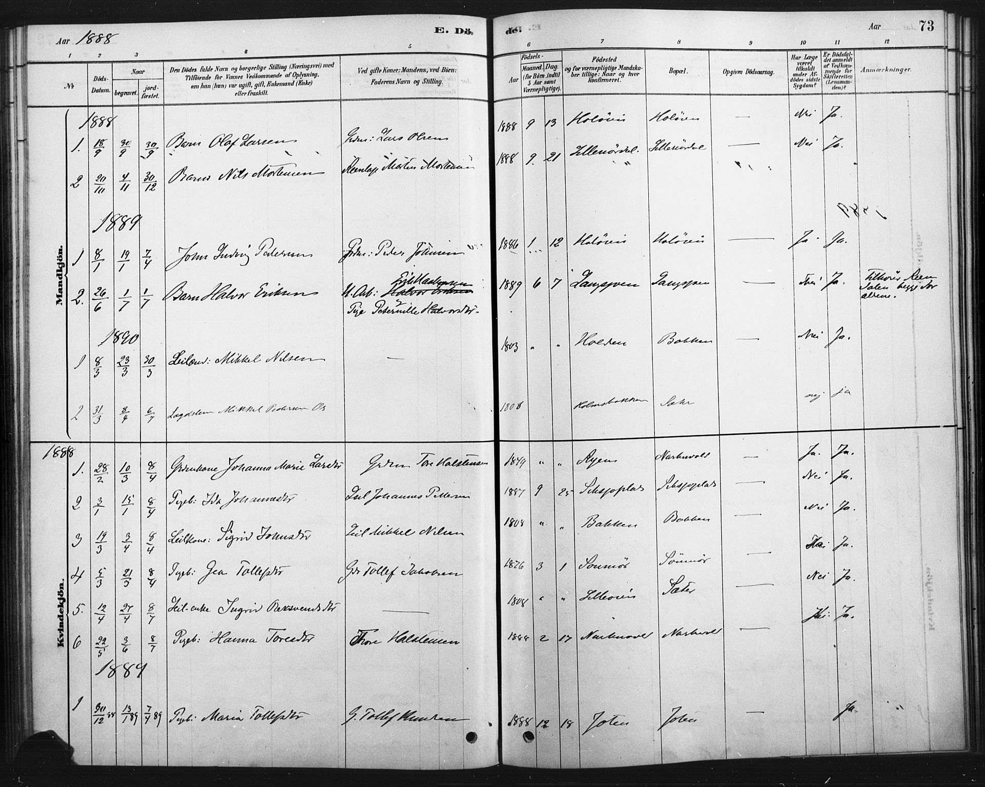 Tolga prestekontor, AV/SAH-PREST-062/K/L0007: Parish register (official) no. 7, 1877-1900, p. 73