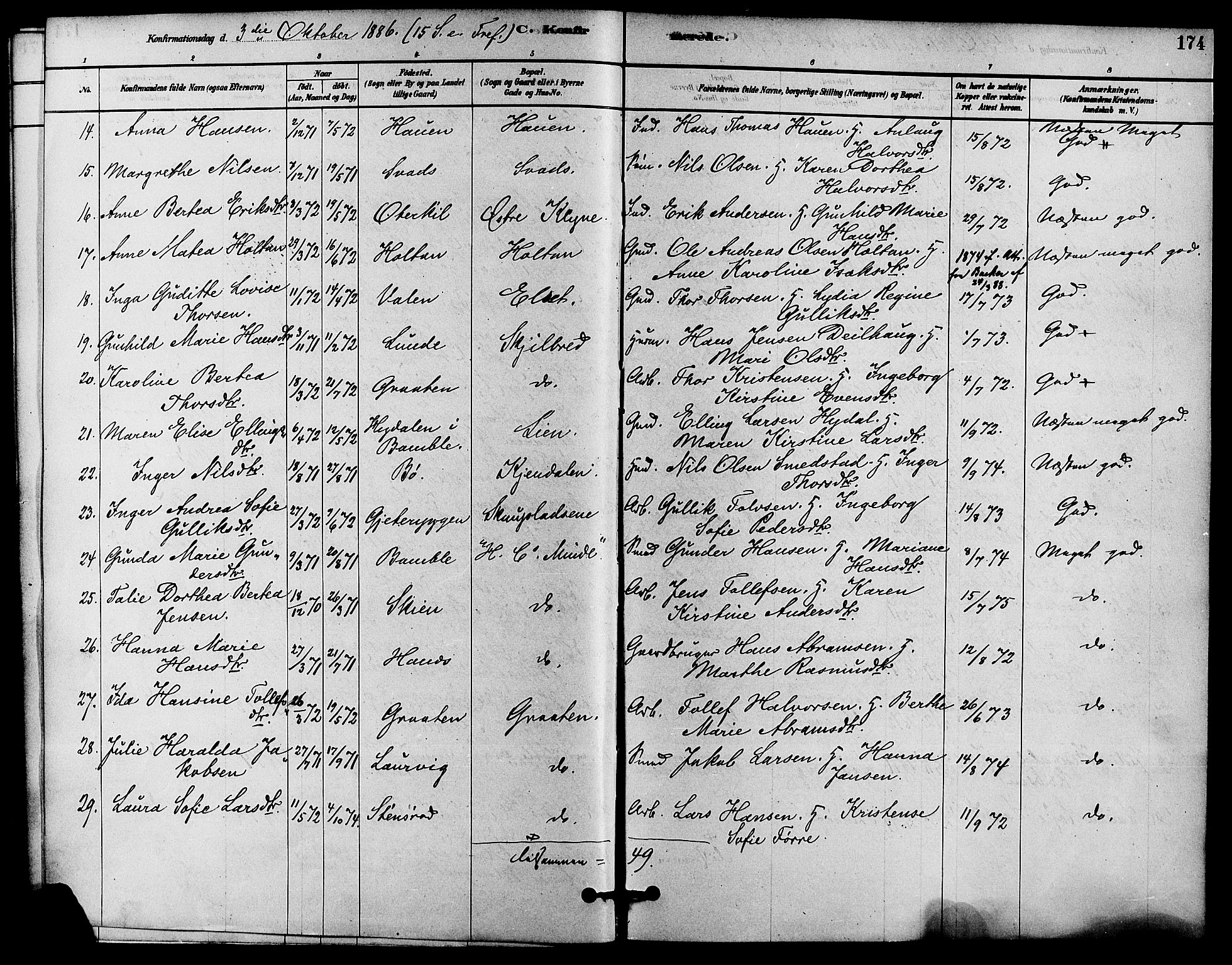 Solum kirkebøker, AV/SAKO-A-306/F/Fa/L0009: Parish register (official) no. I 9, 1877-1887, p. 174