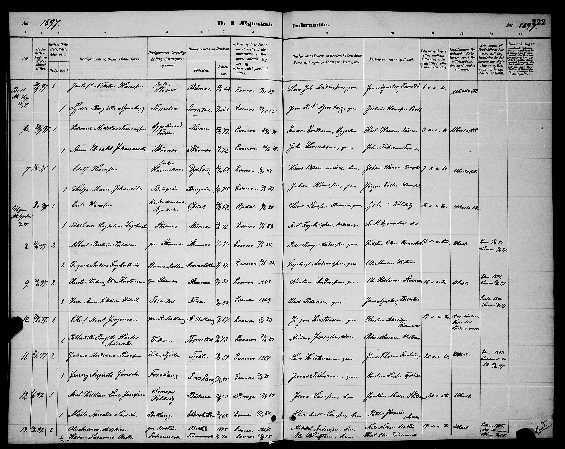 Ministerialprotokoller, klokkerbøker og fødselsregistre - Nordland, SAT/A-1459/863/L0914: Parish register (copy) no. 863C04, 1886-1897, p. 222