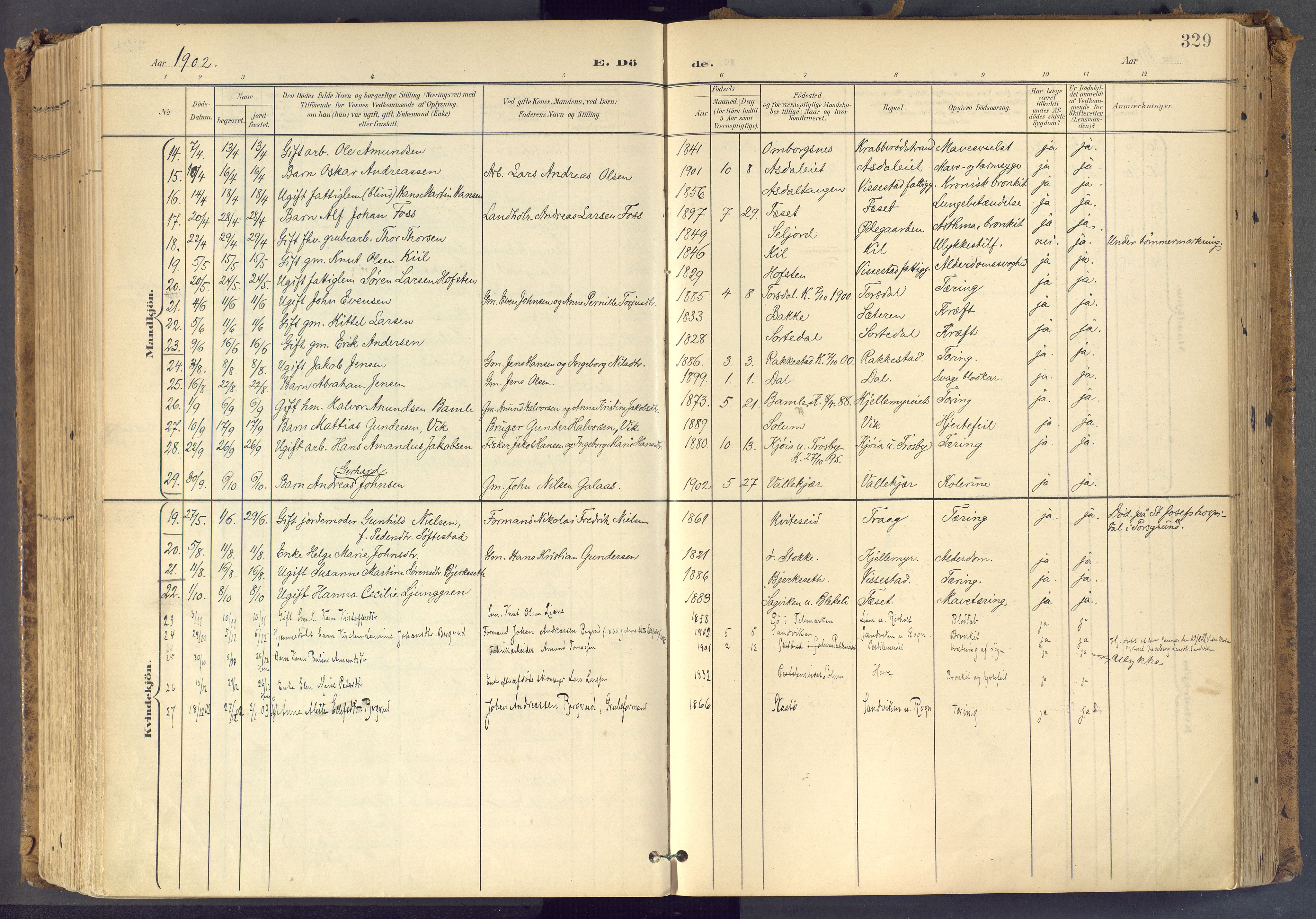 Bamble kirkebøker, SAKO/A-253/F/Fa/L0009: Parish register (official) no. I 9, 1901-1917, p. 329