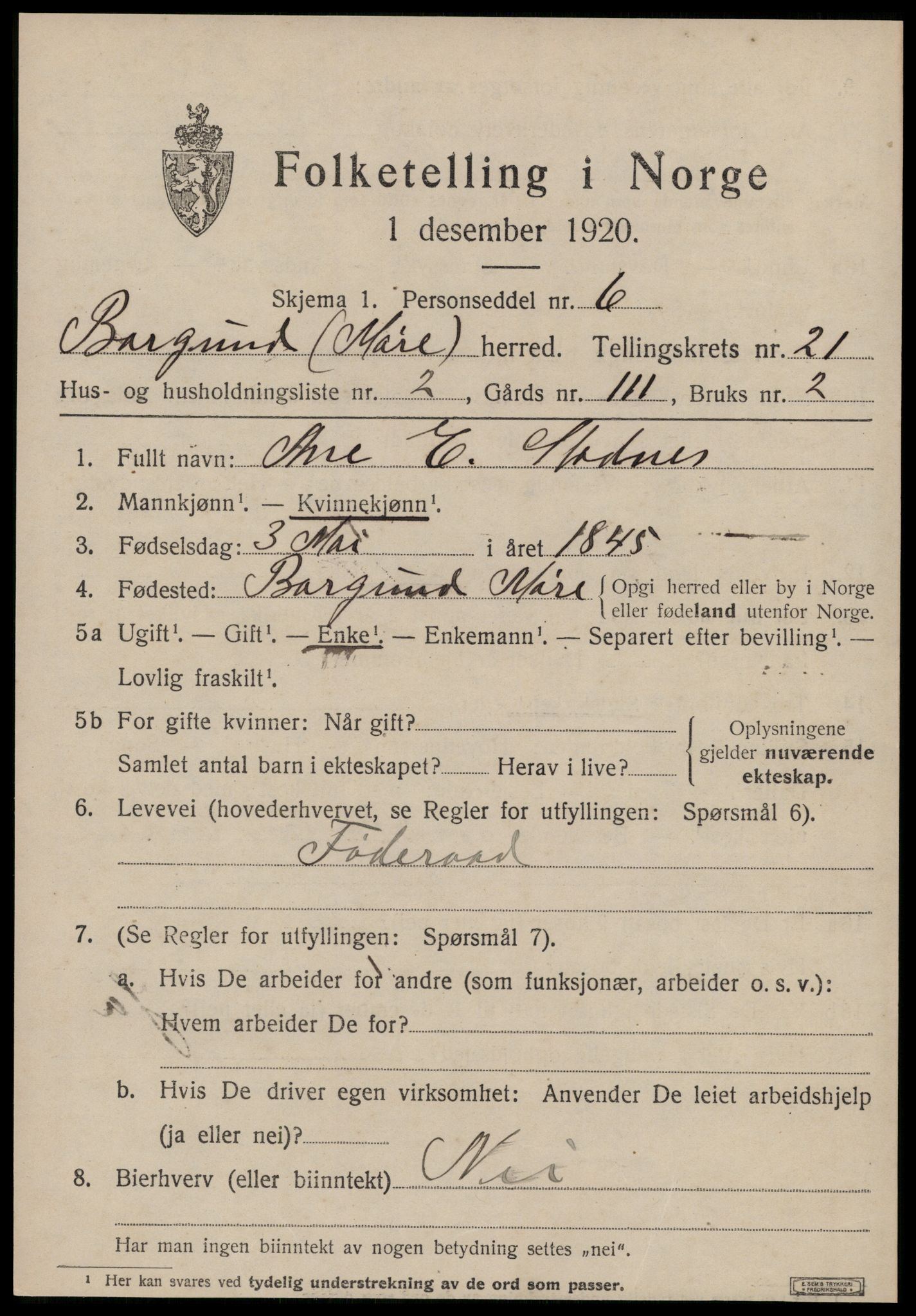 SAT, 1920 census for Borgund, 1920, p. 14318