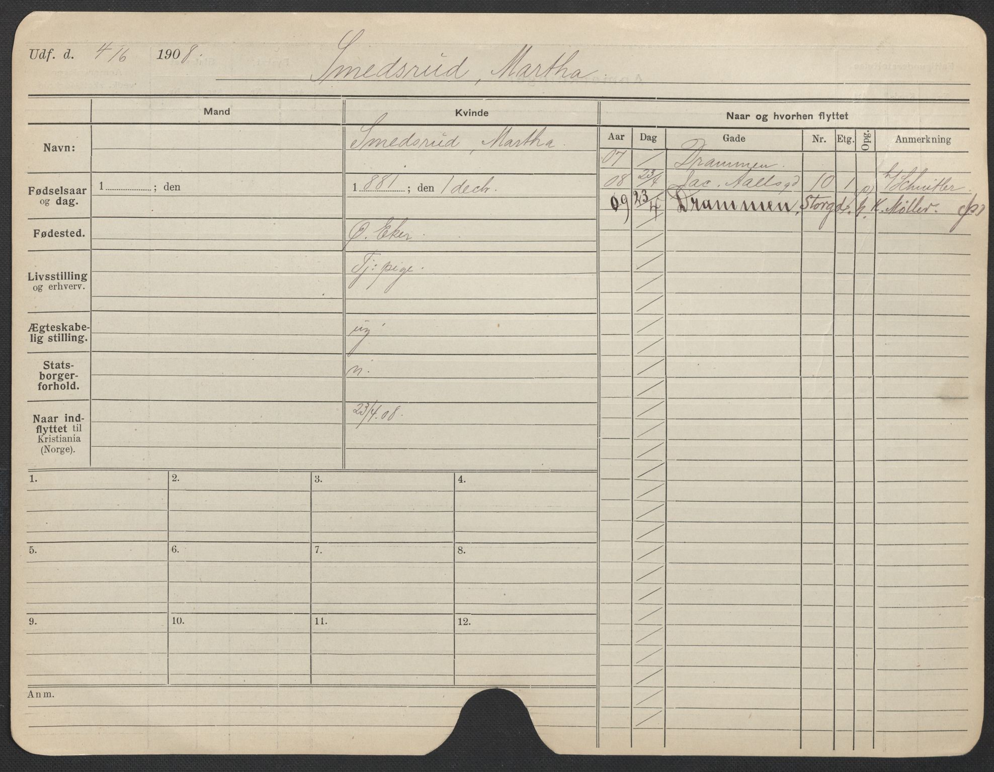 Oslo folkeregister, Registerkort, AV/SAO-A-11715/F/Fa/Fac/L0024: Kvinner, 1906-1914, p. 29a