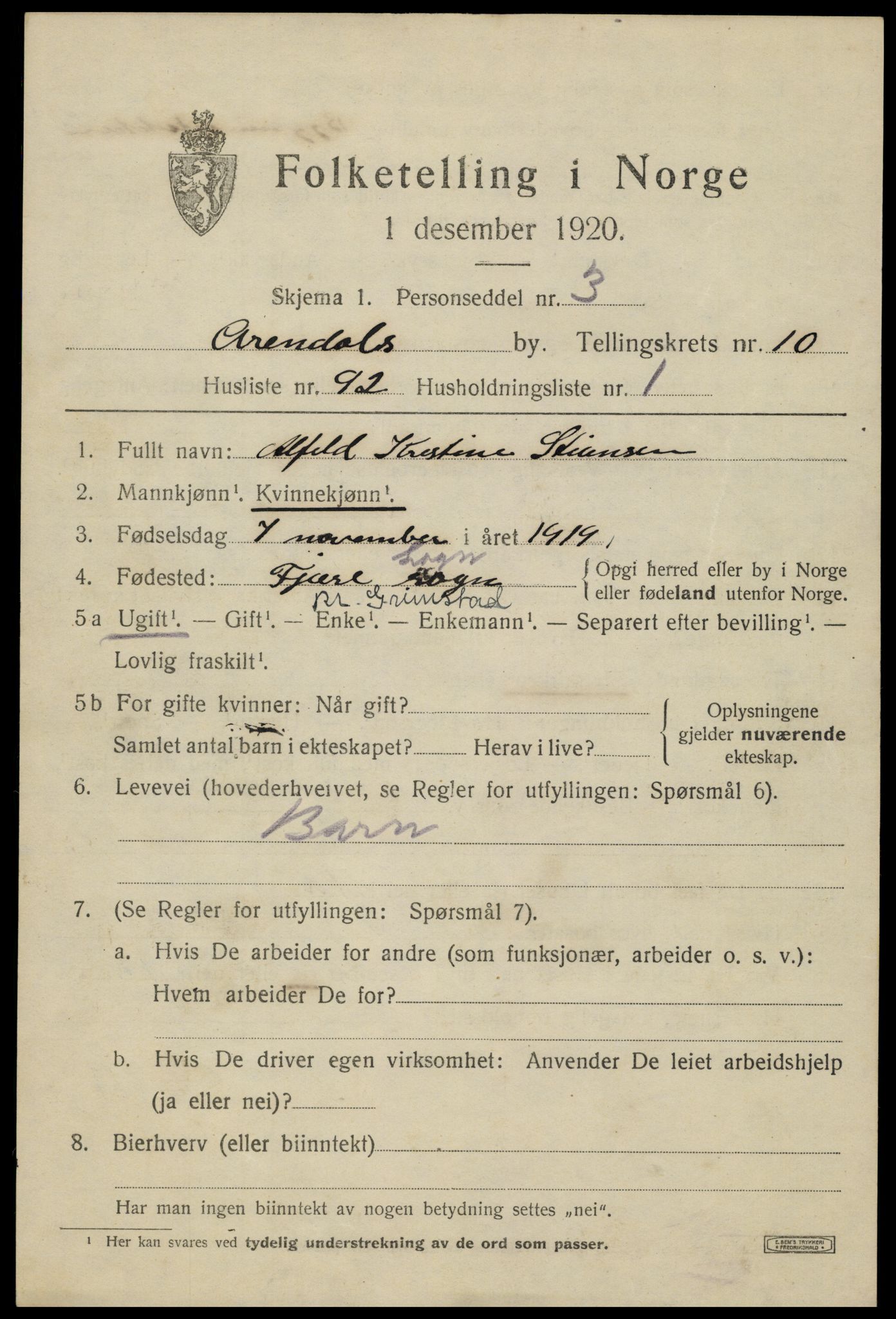 SAK, 1920 census for Arendal, 1920, p. 18116