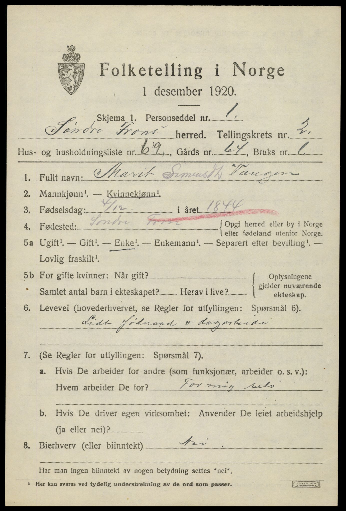 SAH, 1920 census for Sør-Fron, 1920, p. 2727