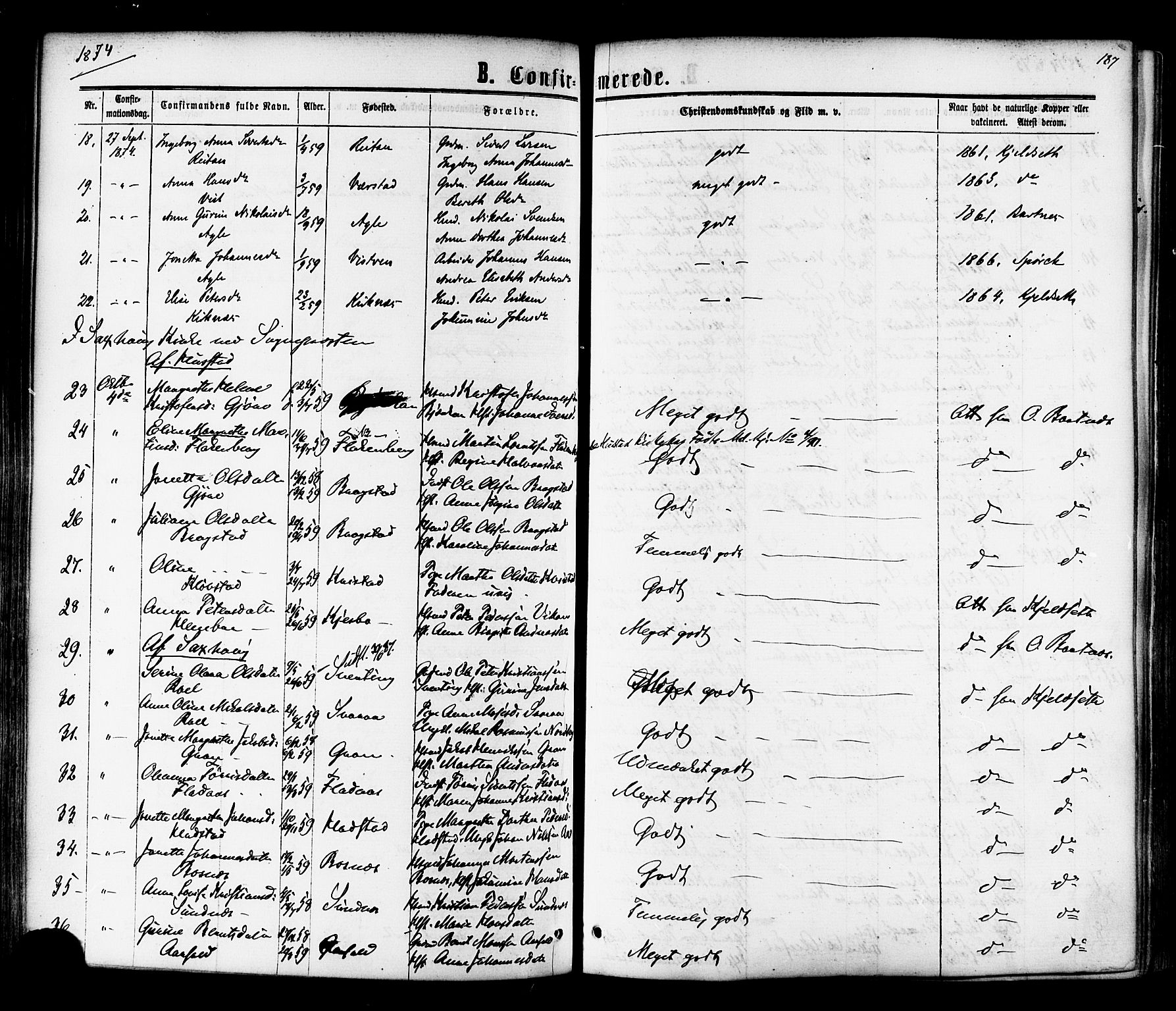 Ministerialprotokoller, klokkerbøker og fødselsregistre - Nord-Trøndelag, AV/SAT-A-1458/730/L0284: Parish register (official) no. 730A09, 1866-1878, p. 187