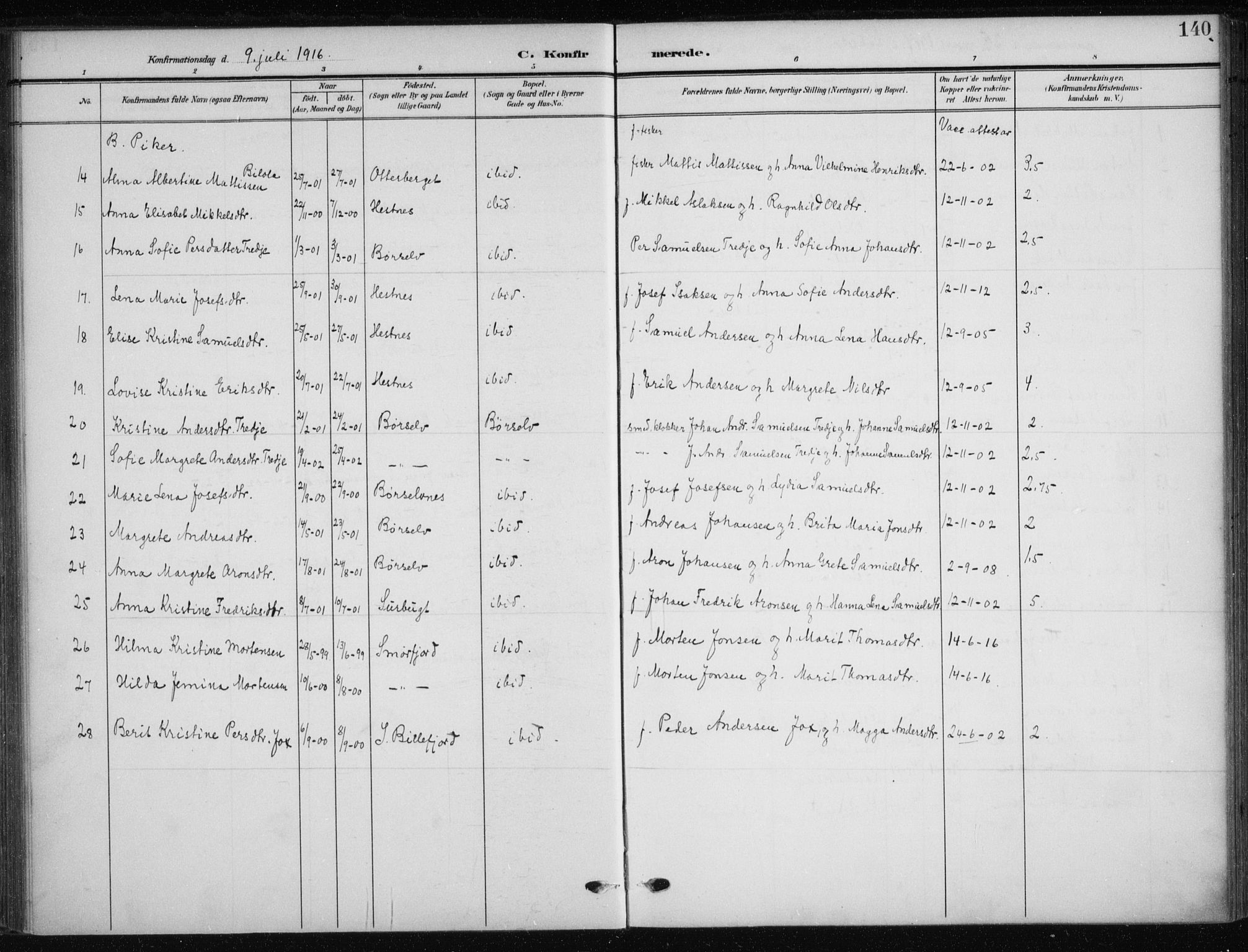 Kistrand/Porsanger sokneprestembete, AV/SATØ-S-1351/H/Ha/L0014.kirke: Parish register (official) no. 14, 1908-1917, p. 140