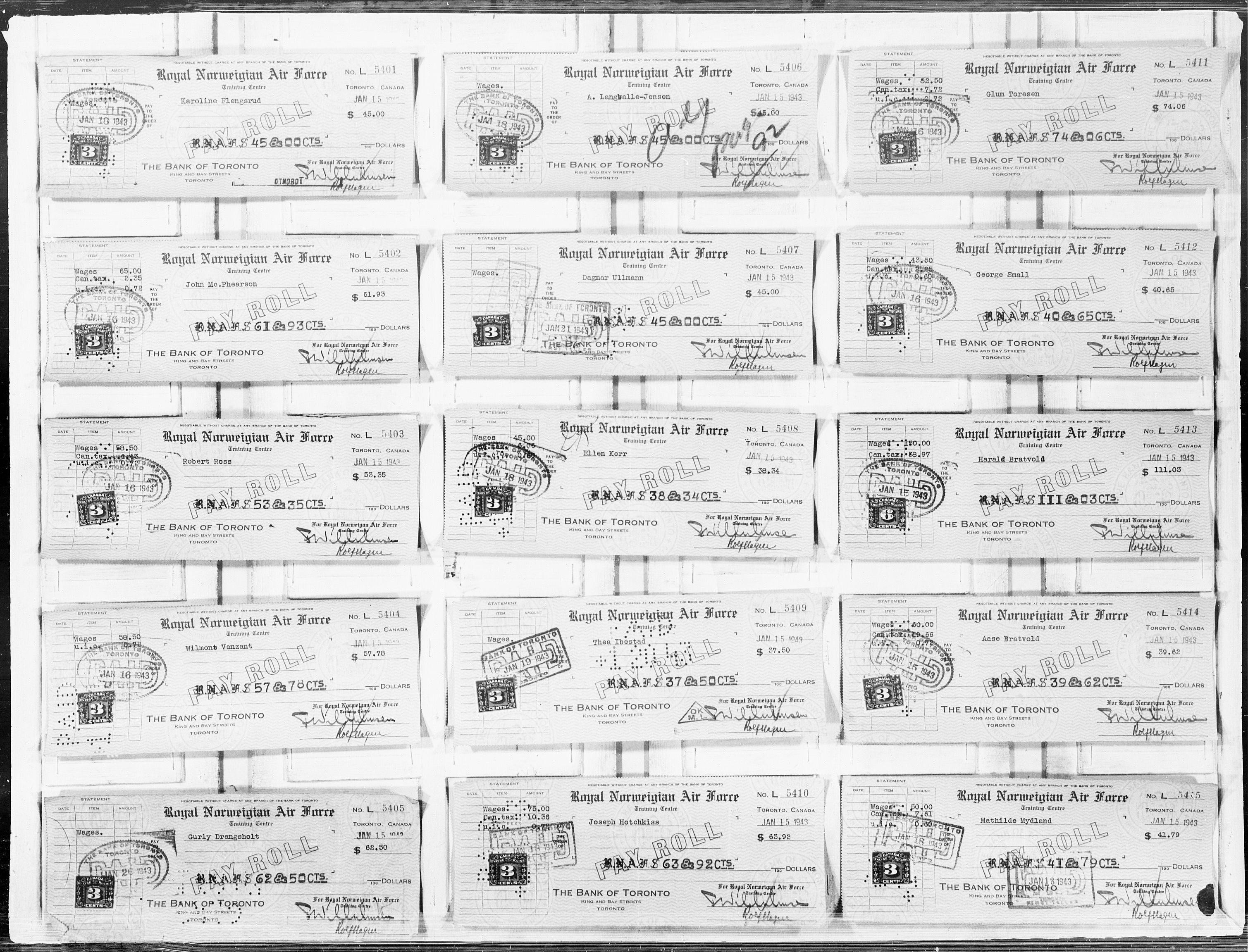 Forsvaret, Flyvåpnenes treningsleir 1940-1945, RA/RAFA-3974/V/L0064: Sjekker.  F.T.L. lønningssjekker L-5 401 til L-10 900., 1940-1945