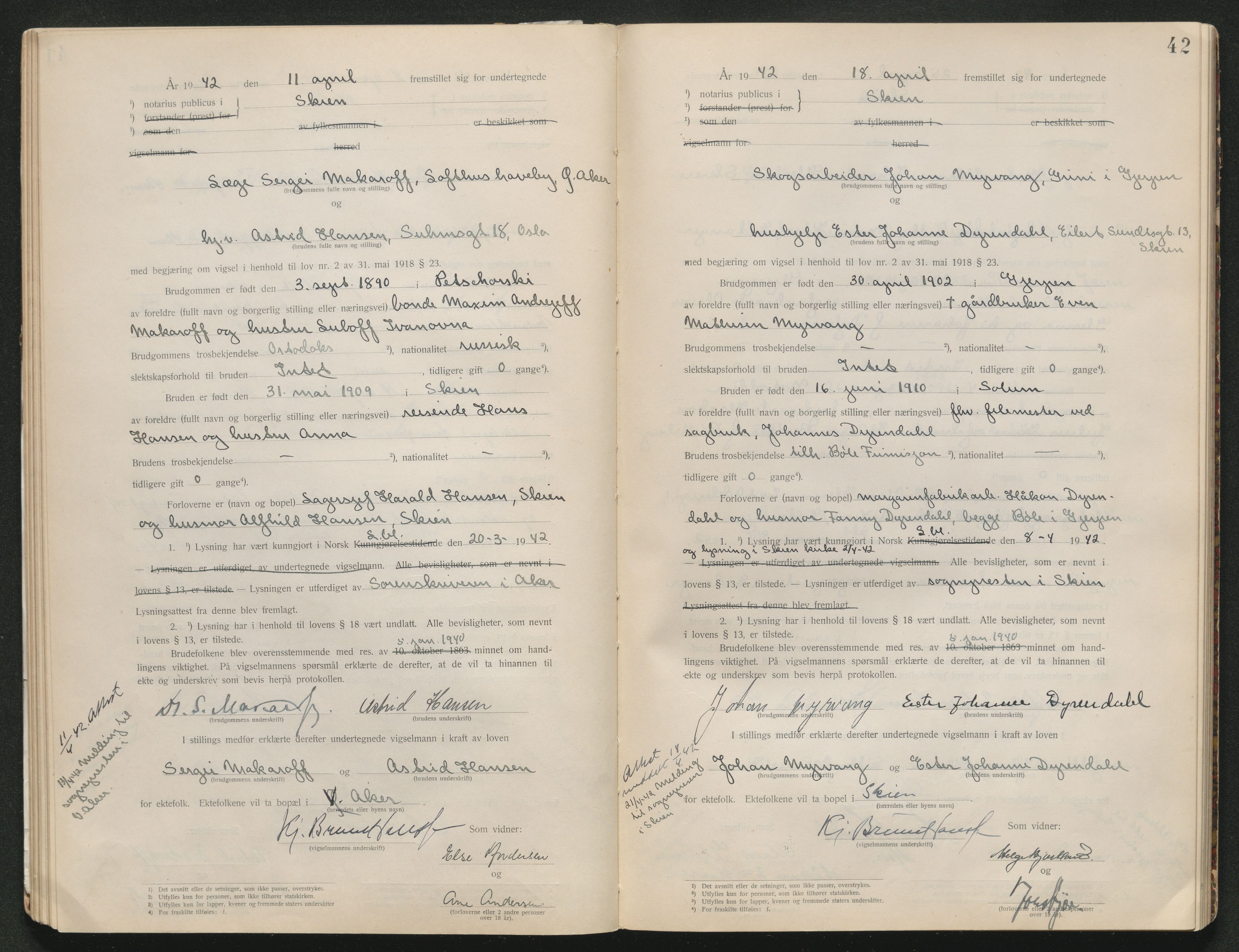 Skien sorenskriveri, AV/SAKO-A-225/L/La/L0001: Vigselsprotokoll, 1920-1947, p. 42