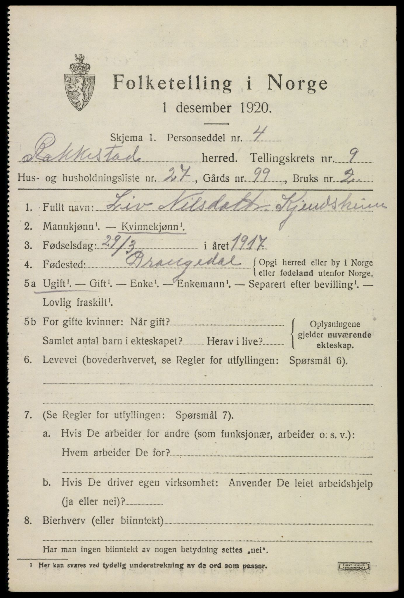 SAO, 1920 census for Rakkestad, 1920, p. 8505