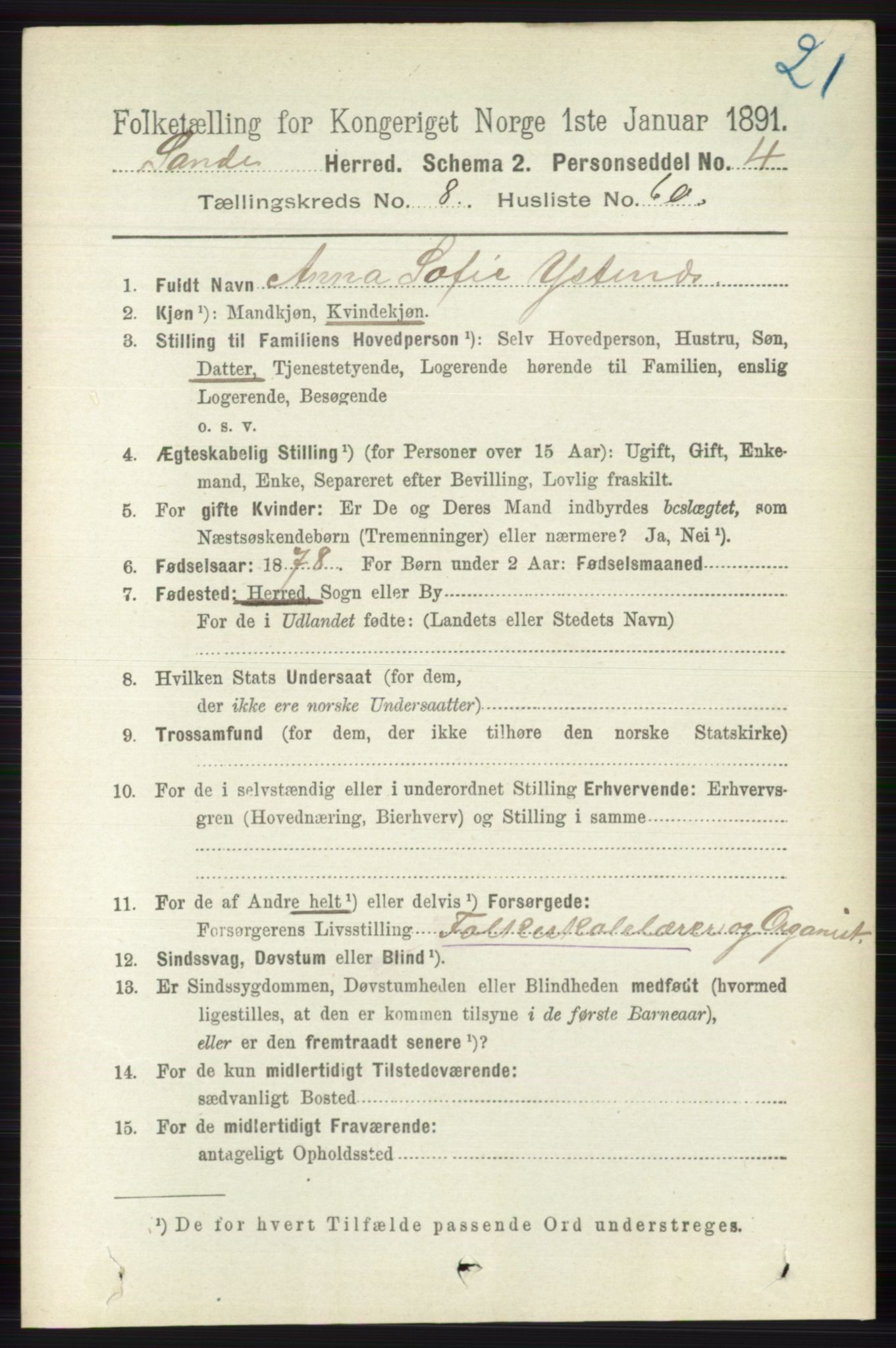 RA, 1891 census for 0713 Sande, 1891, p. 3837