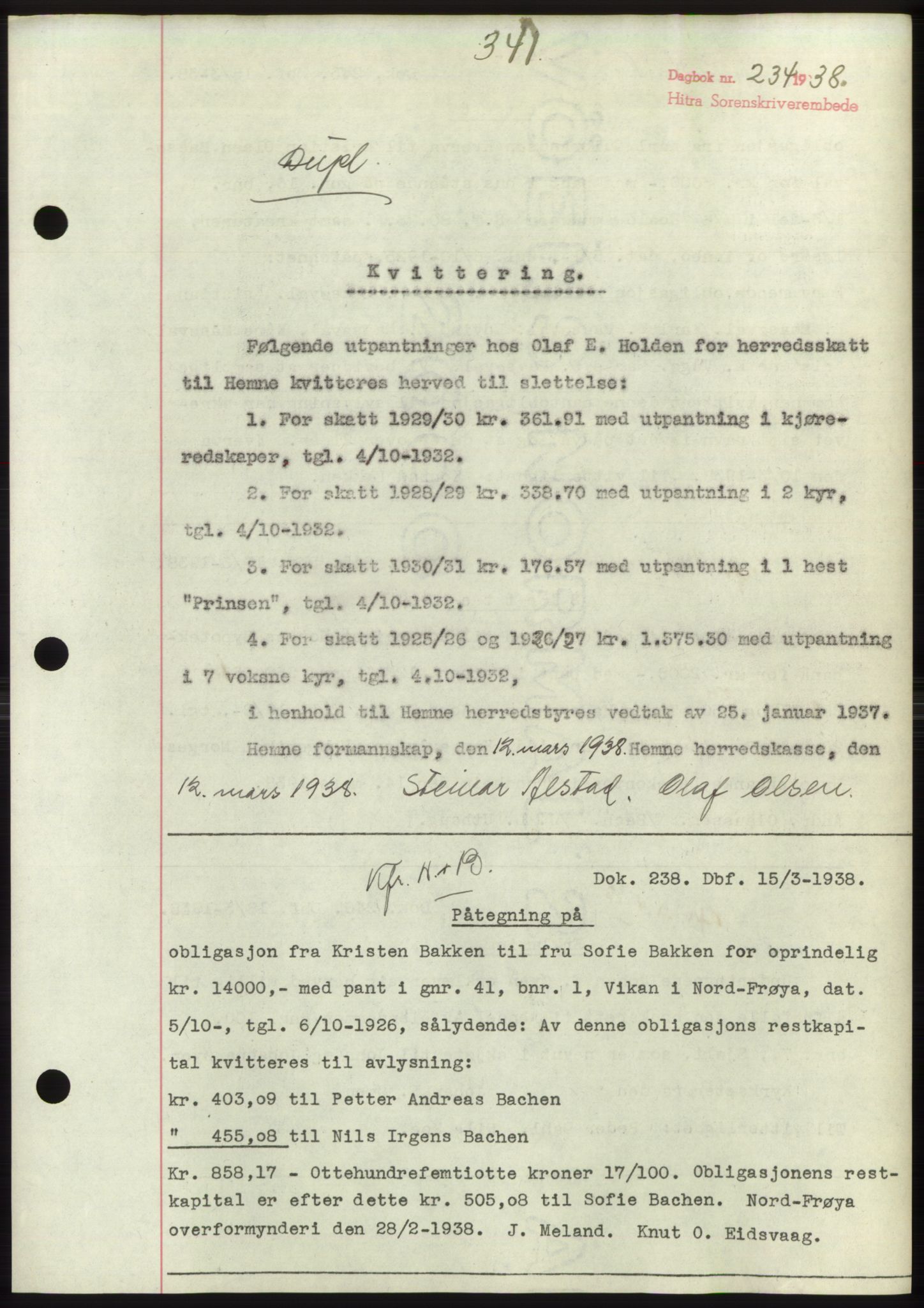 Hitra sorenskriveri, AV/SAT-A-0018/2/2C/2Ca: Mortgage book no. C1, 1936-1945, Diary no: : 234/1938