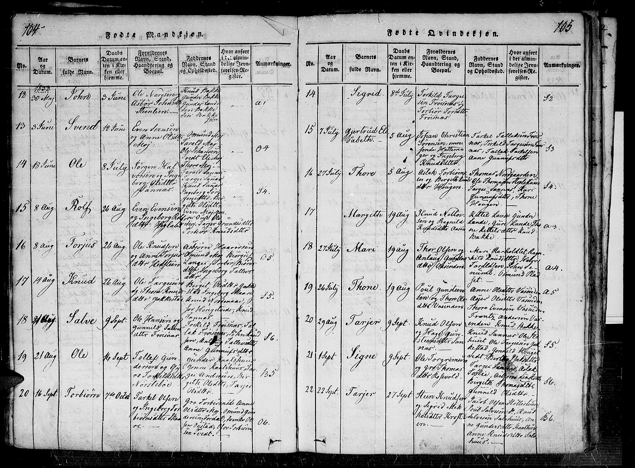 Bygland sokneprestkontor, AV/SAK-1111-0006/F/Fa/Fab/L0003: Parish register (official) no. A 3, 1816-1841, p. 104-105