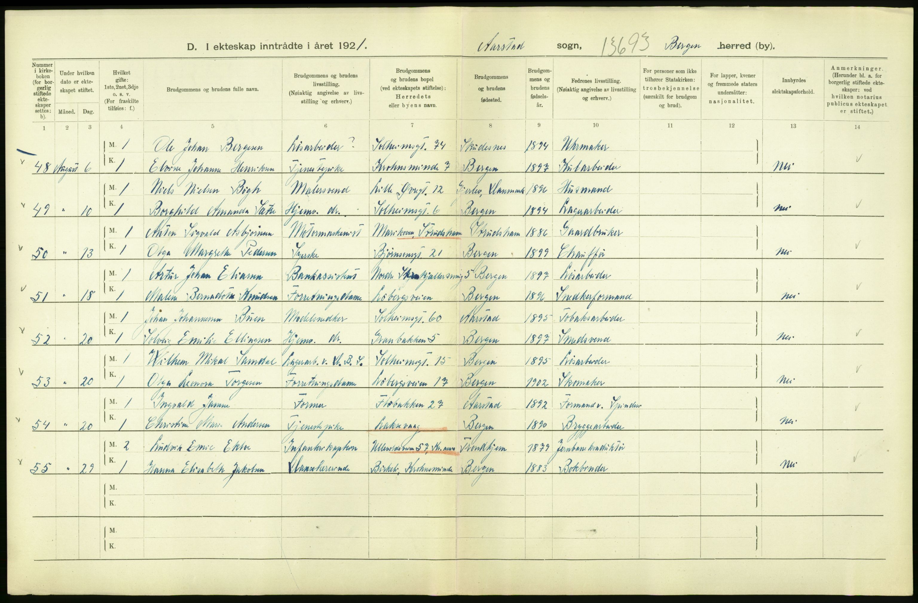 Statistisk sentralbyrå, Sosiodemografiske emner, Befolkning, AV/RA-S-2228/D/Df/Dfc/Dfca/L0035: Bergen: Gifte, dødfødte., 1921, p. 40