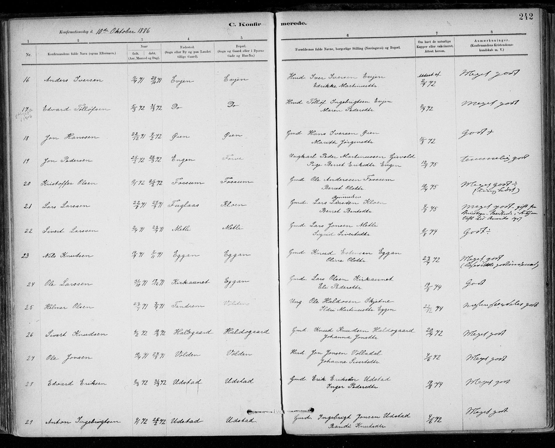 Ministerialprotokoller, klokkerbøker og fødselsregistre - Sør-Trøndelag, AV/SAT-A-1456/668/L0809: Parish register (official) no. 668A09, 1881-1895, p. 242