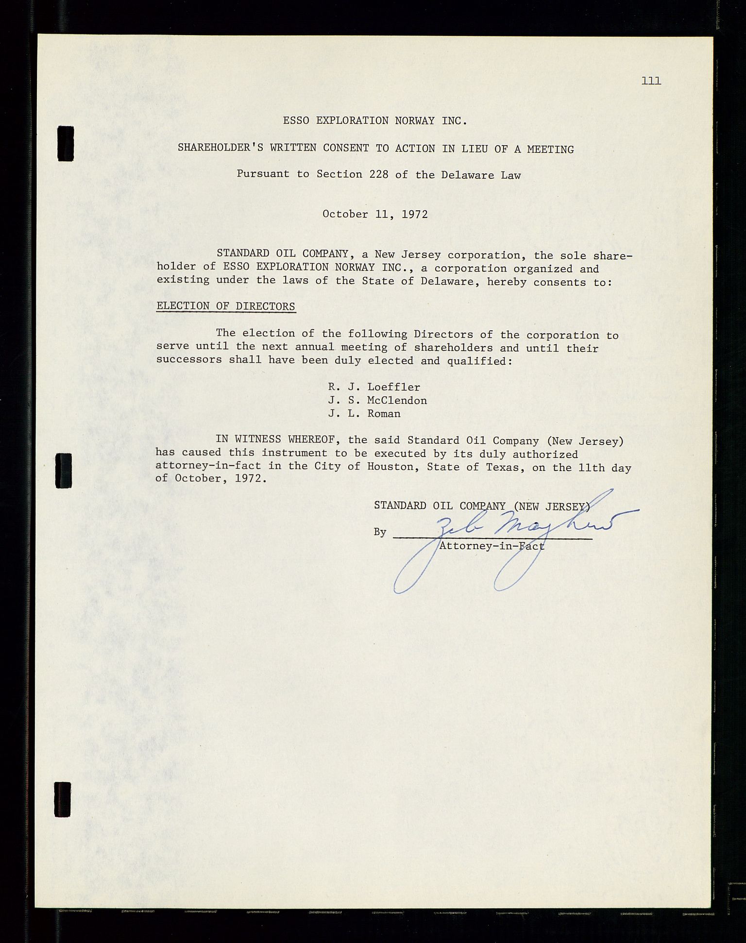 Pa 1512 - Esso Exploration and Production Norway Inc., SAST/A-101917/A/Aa/L0001/0001: Styredokumenter / Corporate records, By-Laws, Board meeting minutes, Incorporations, 1965-1975, p. 111