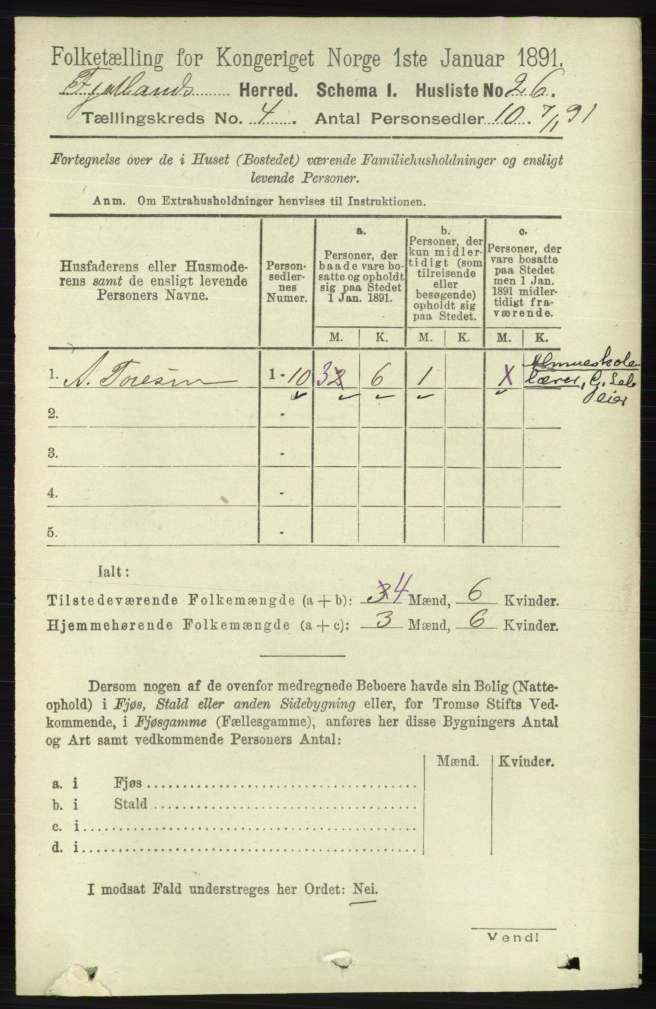 RA, 1891 census for 1036 Fjotland, 1891, p. 525