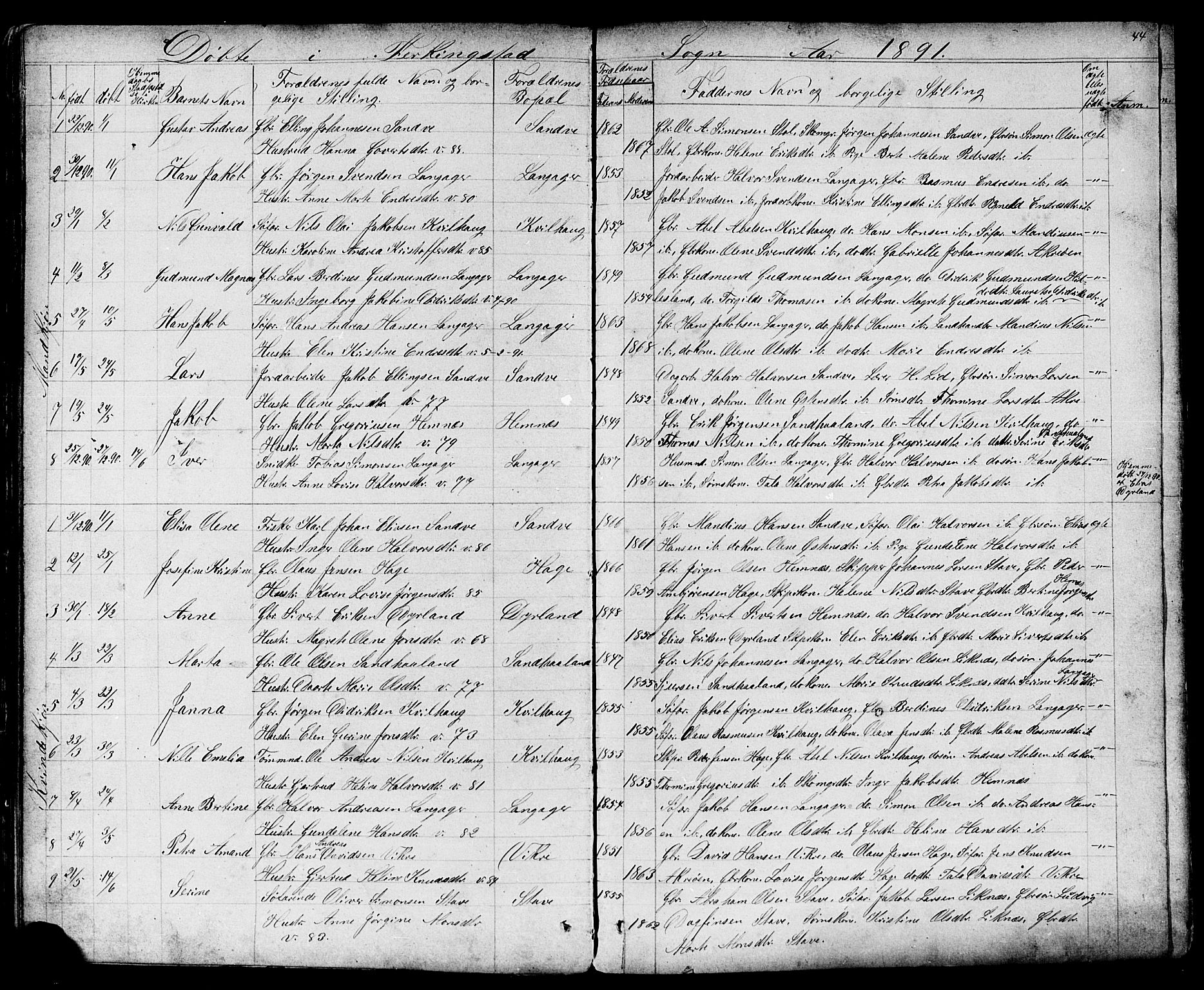 Skudenes sokneprestkontor, AV/SAST-A -101849/H/Ha/Hab/L0006: Parish register (copy) no. B 6, 1874-1908, p. 44